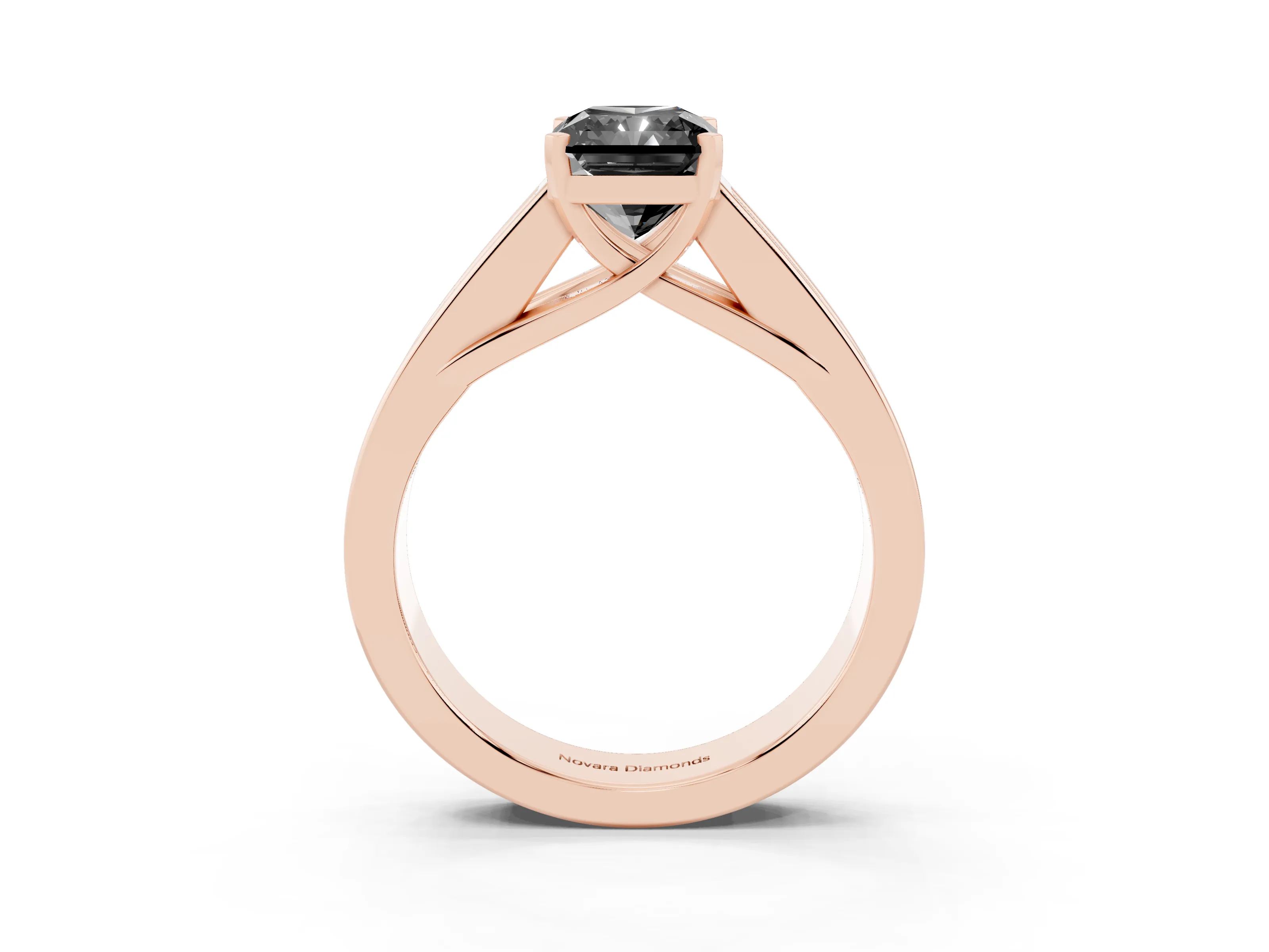 Fancy Black Radiant Cut Diamond Solitaire Ring Set in Rose gold with Channel-Set Accent Stones and Prong Setting