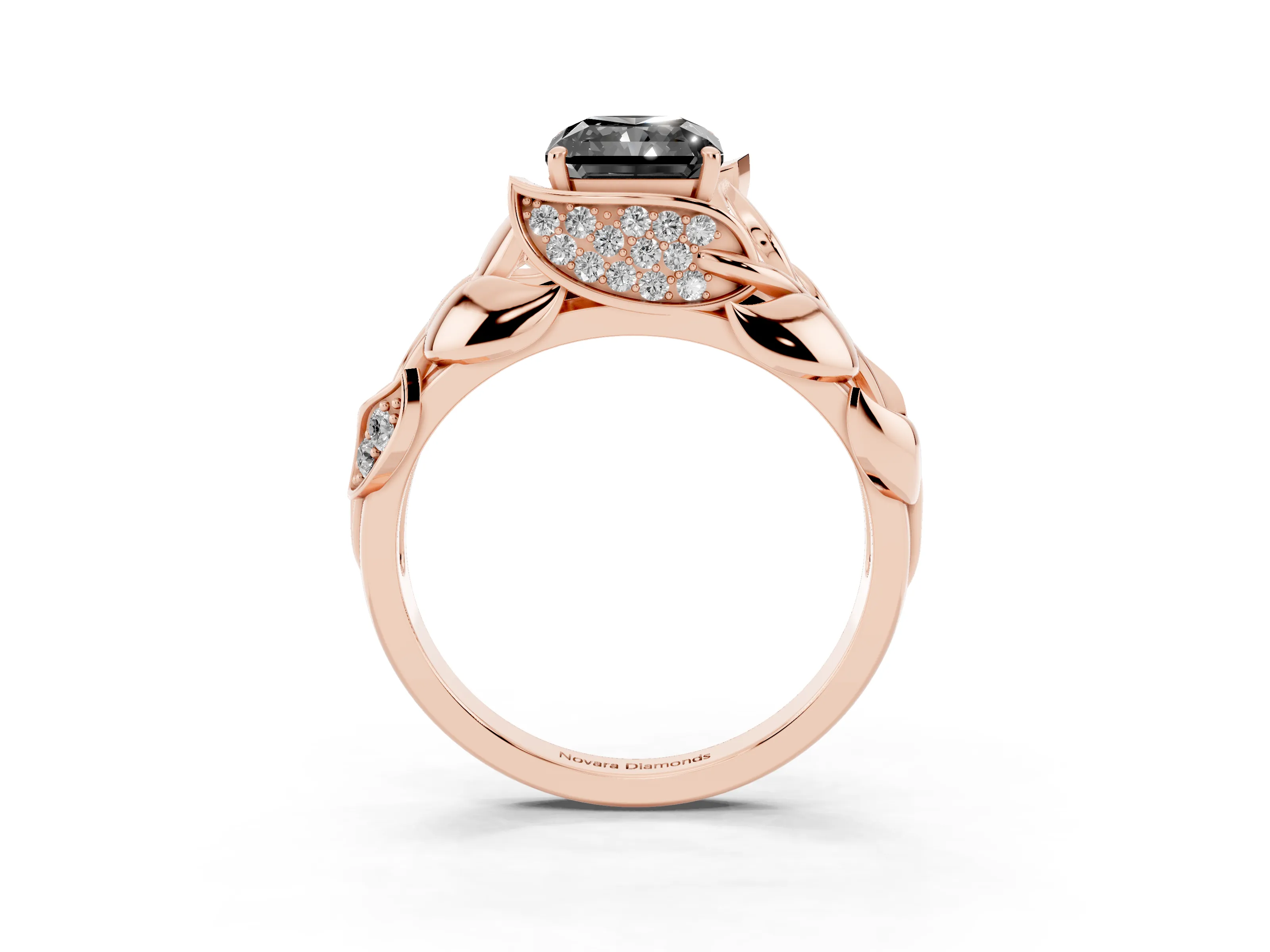 Fancy Black Radiant Cut Diamond Leaf-Inspired Engagement Ring Set in Rose gold with Round Accents