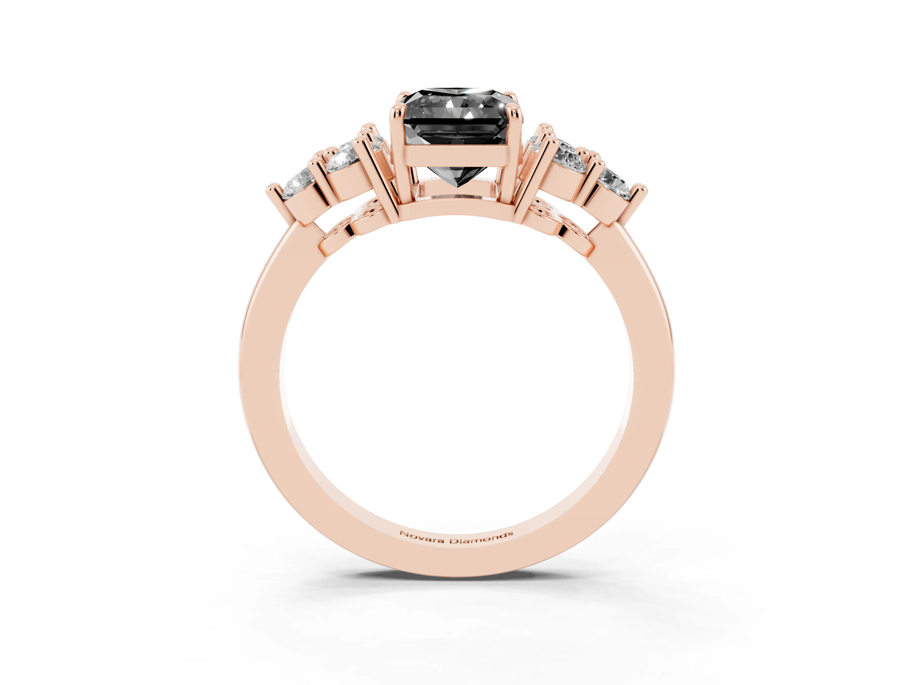Fancy Black Radiant Cut Diamond Solitaire Ring Set in Rose gold with Cluster Accents on Each Side