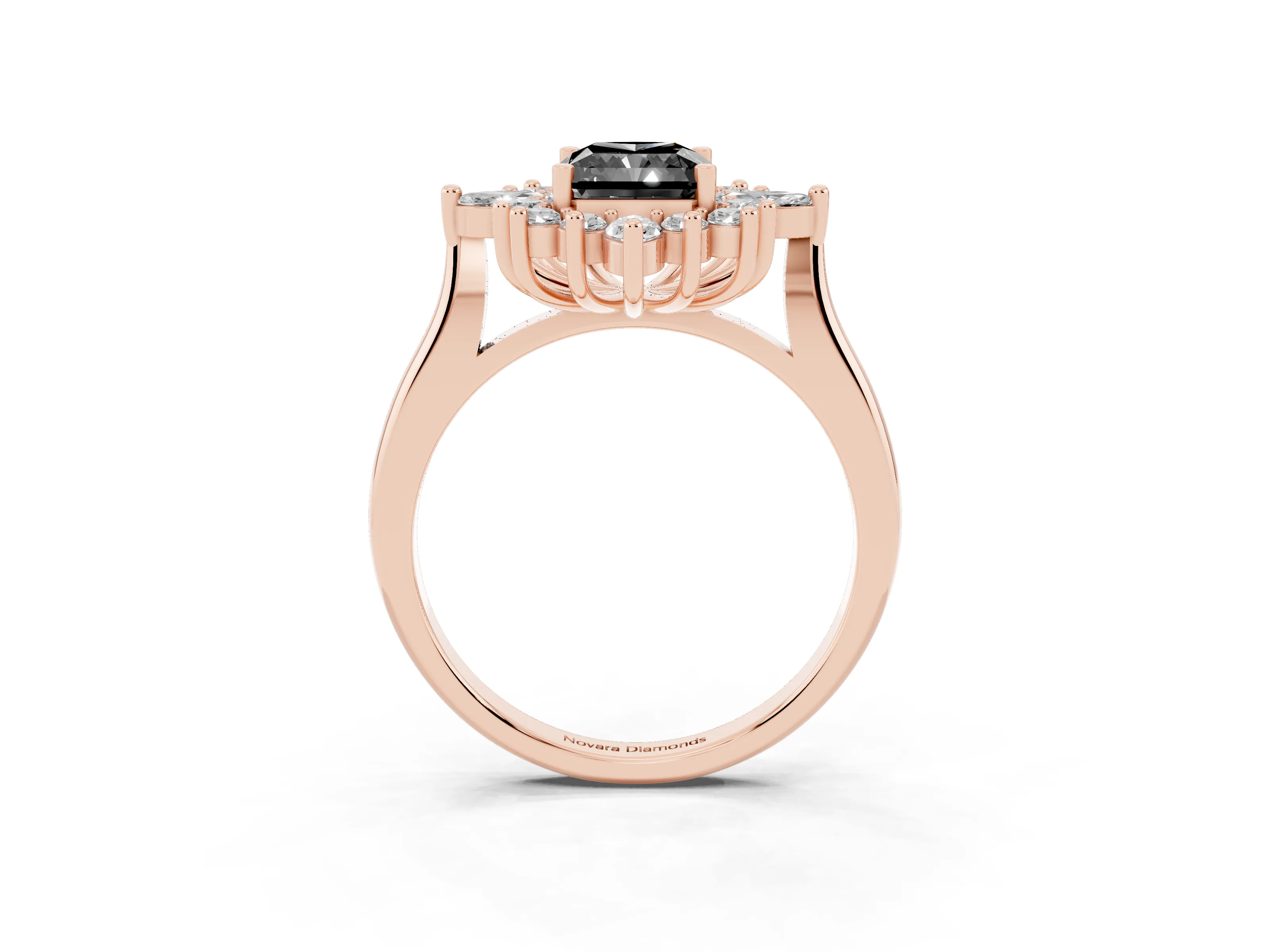 Fancy Black Radiant Cut Diamond Cluster Halo Ring Set in Rose gold with Marquise and Round Accents