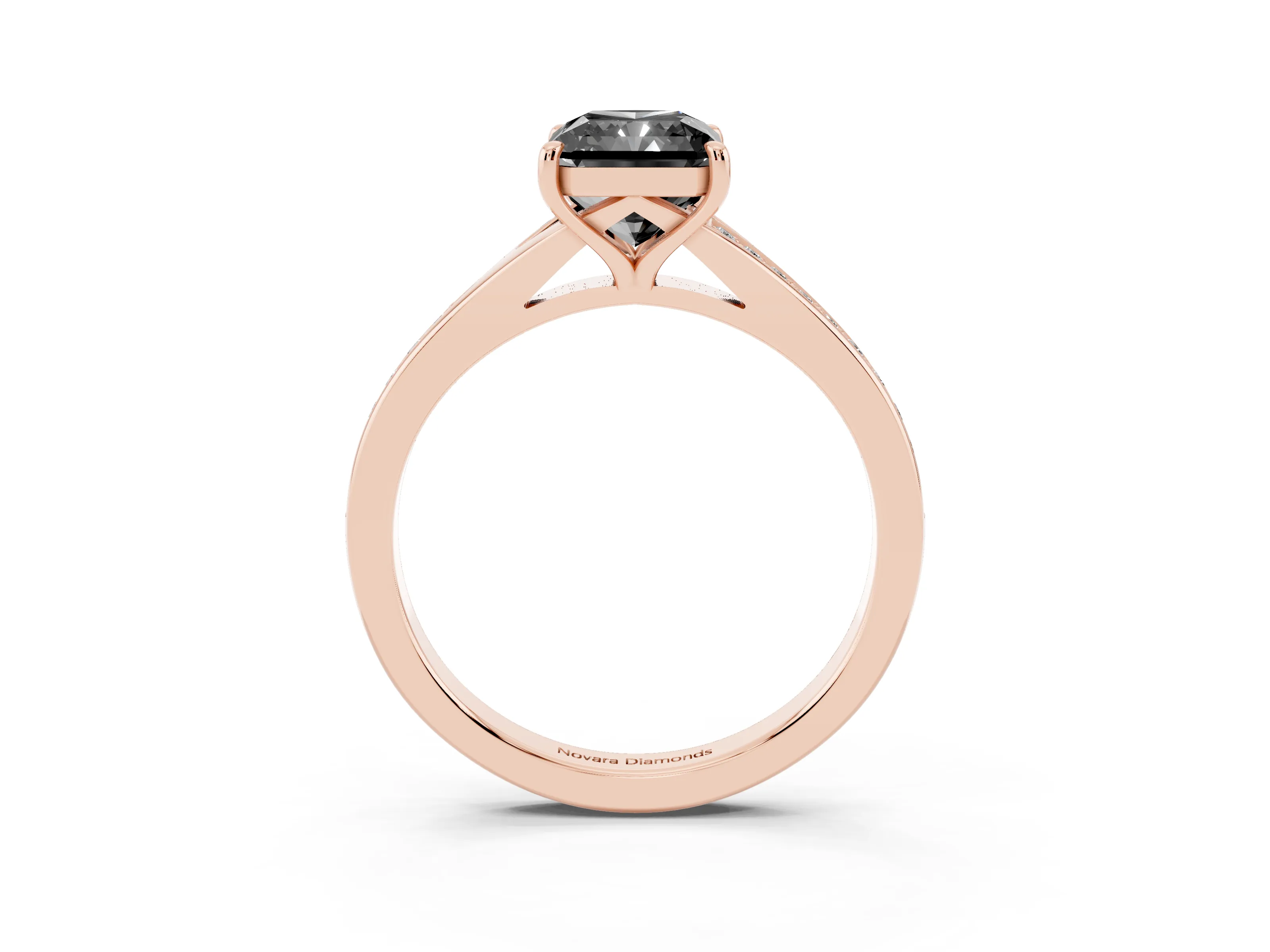 Fancy Black Radiant Cut Diamond Solitaire Ring Set in Rose gold with Pavé Accent Band and Classic Prong Setting