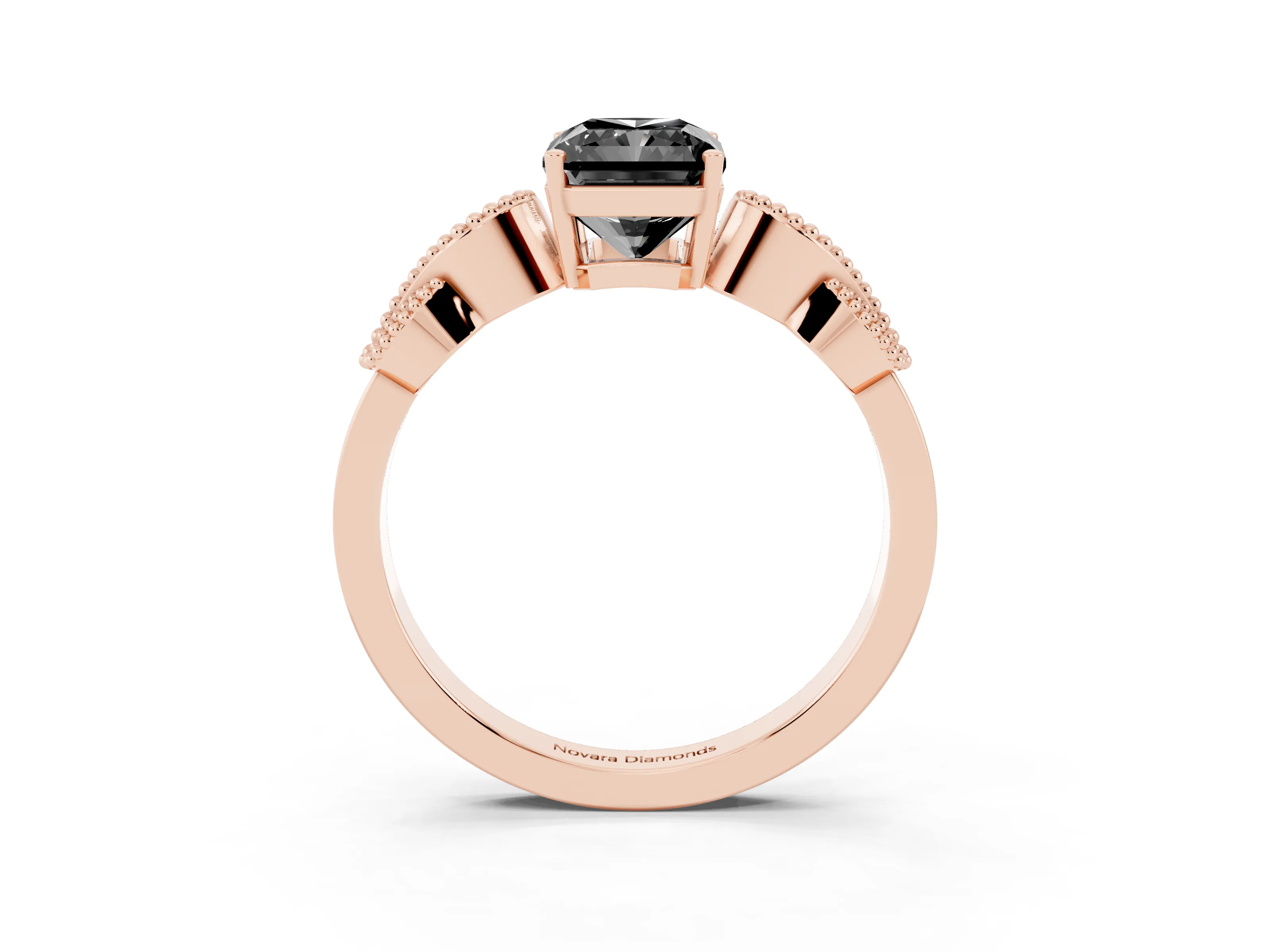 Fancy Black Radiant Cut Diamond Milgrain Leaf Band Solitaire Ring Set in Rose gold with Accent Stones and Prong Setting