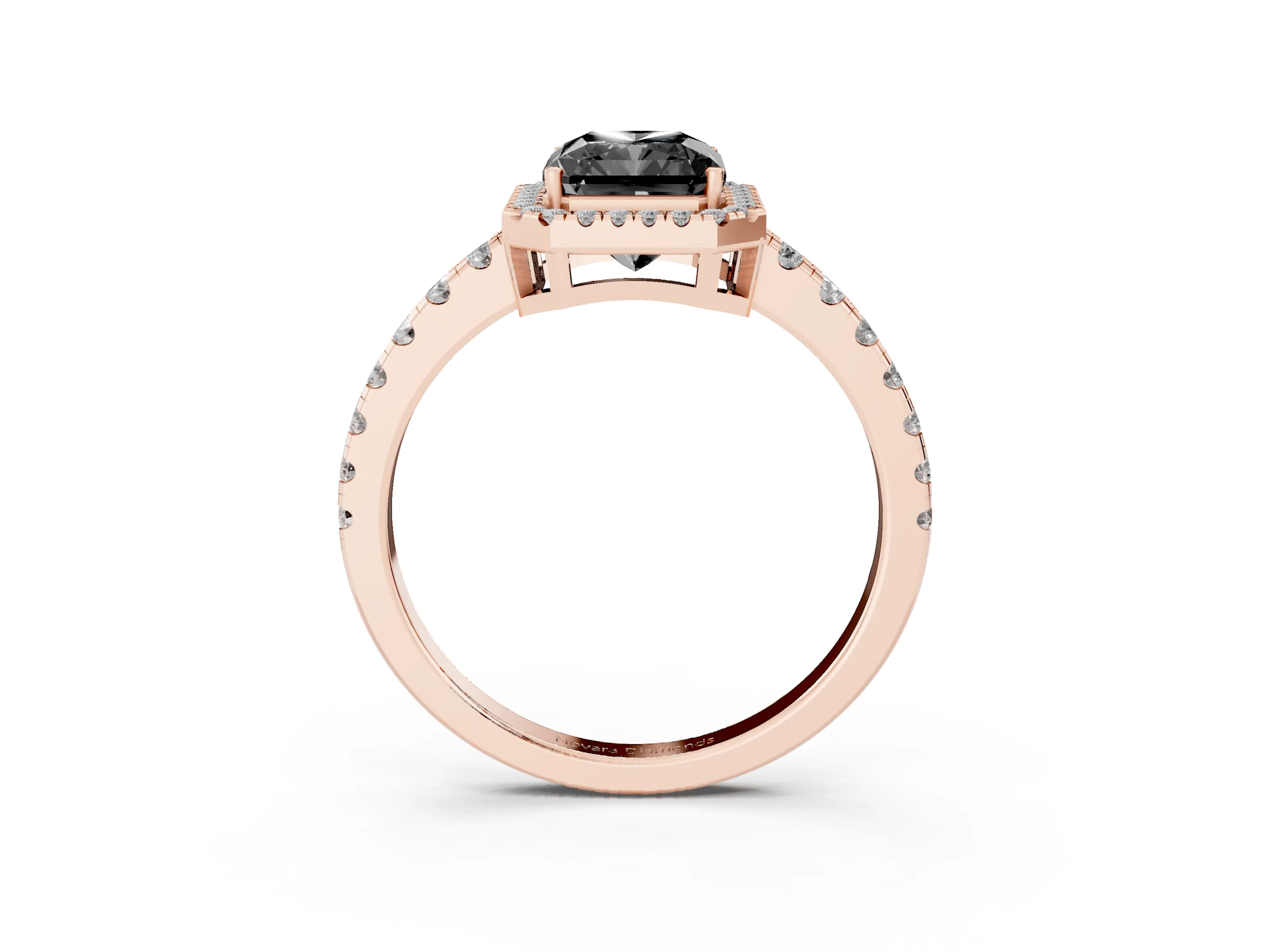 Fancy Black Radiant Cut Diamond Halo Ring Set in Rose gold with Delicate Pavé Band and Prong Setting