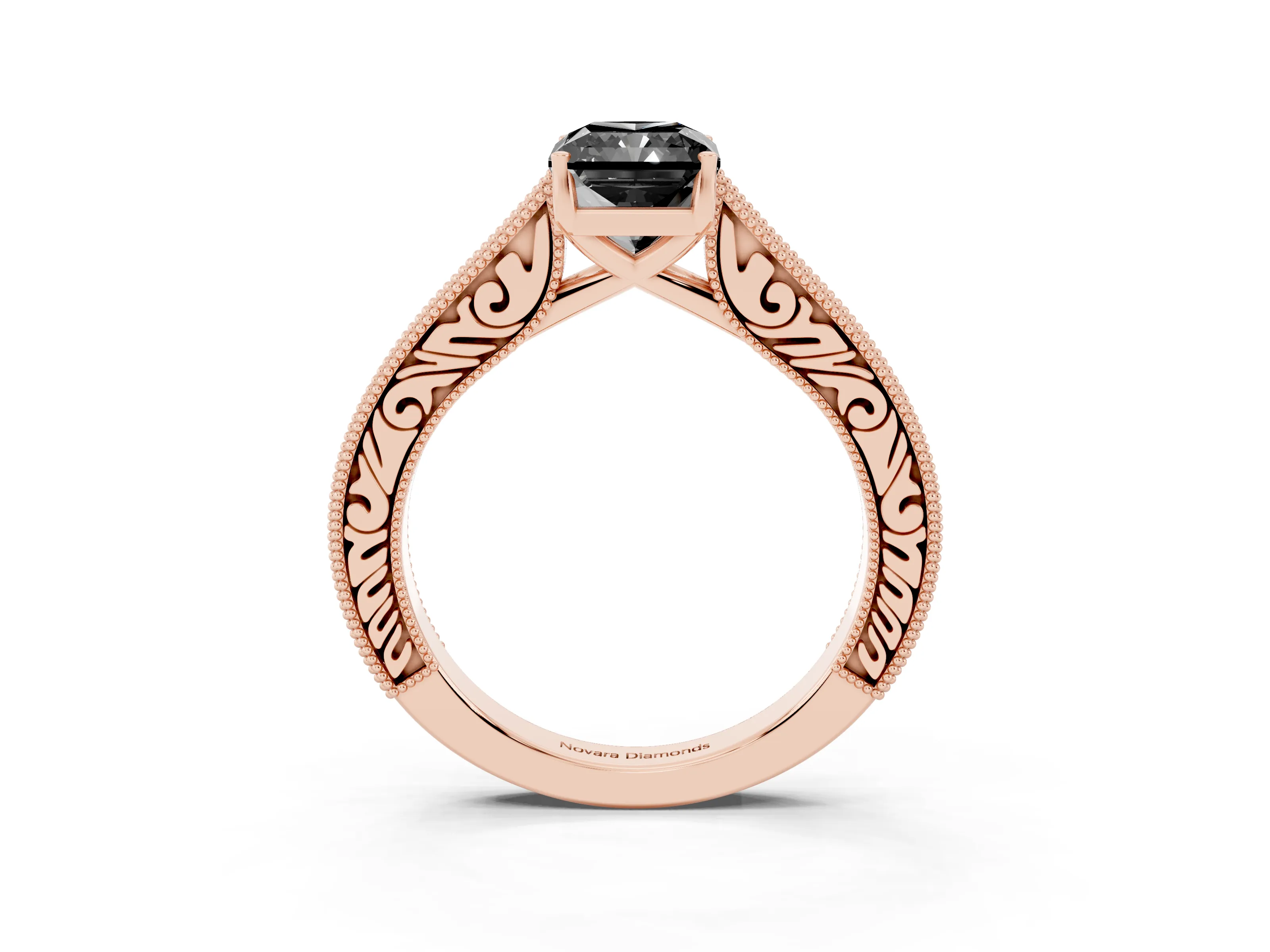 Fancy Black Radiant Cut Diamond Milgrain Pavé Band Solitaire Ring Set in Rose gold with Prong Setting