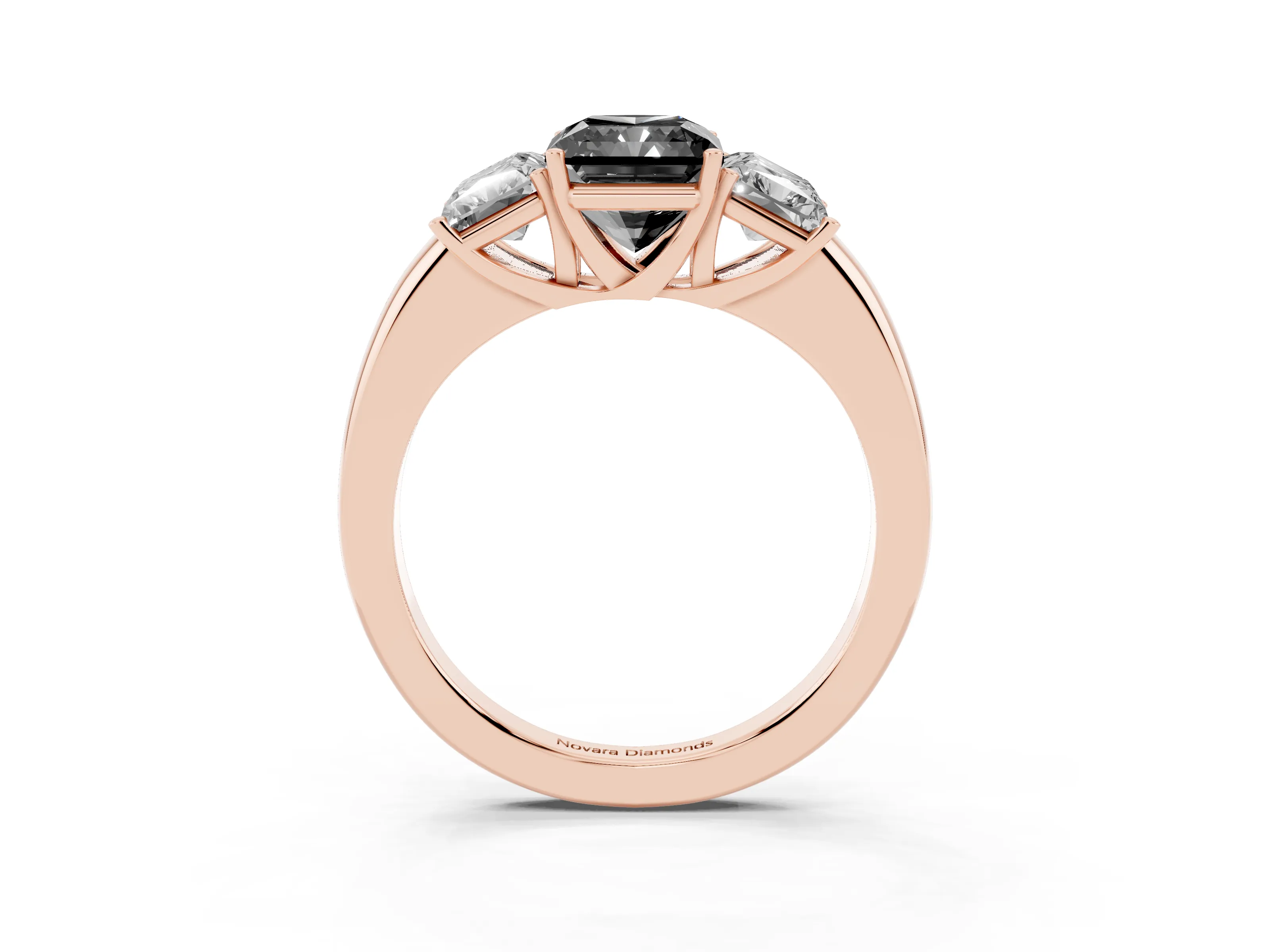 Fancy Black Radiant Cut Diamond Three-Stone Ring Set in Rose gold with Bold Center and Classic Band