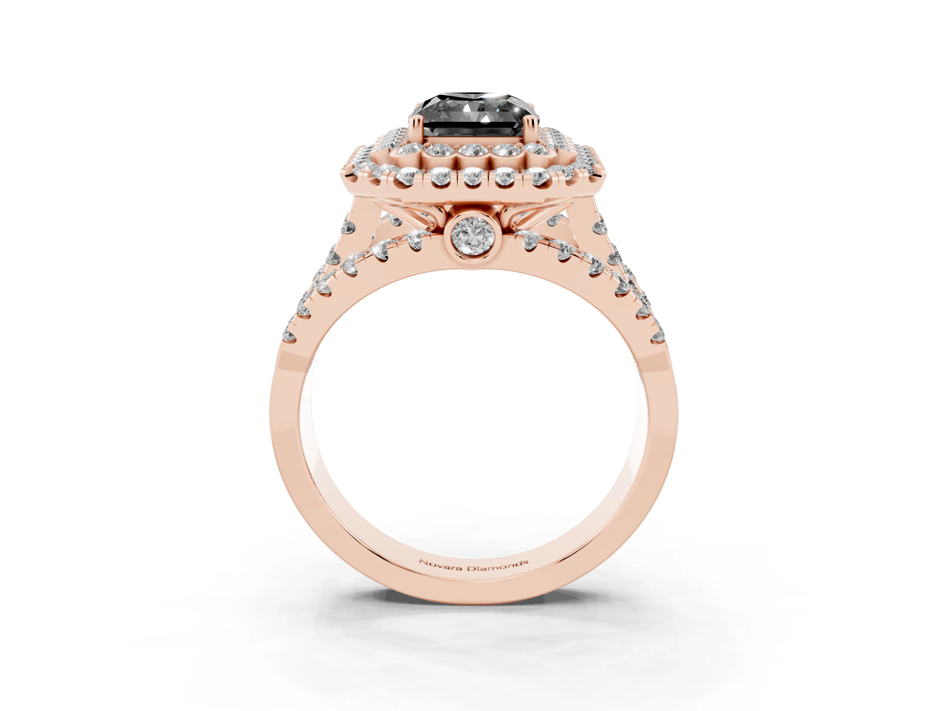 Fancy Black Radiant Cut Diamond Double Halo Ring Set in Rose gold with Round Pavé Split Shank