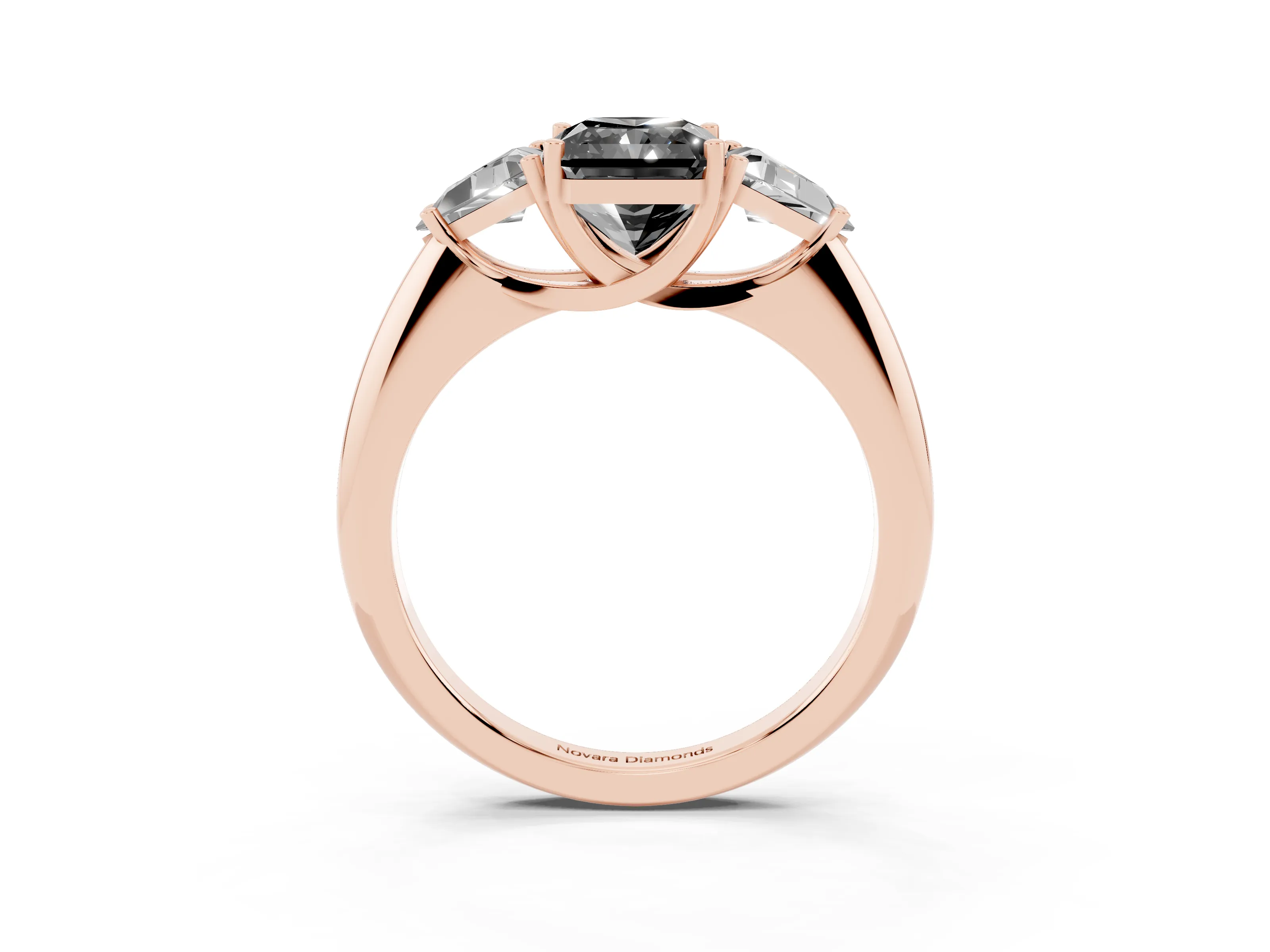 Fancy Black Radiant Cut Diamond Three-Stone Engagement Ring Set in Rose gold with Trillion Side Stones
