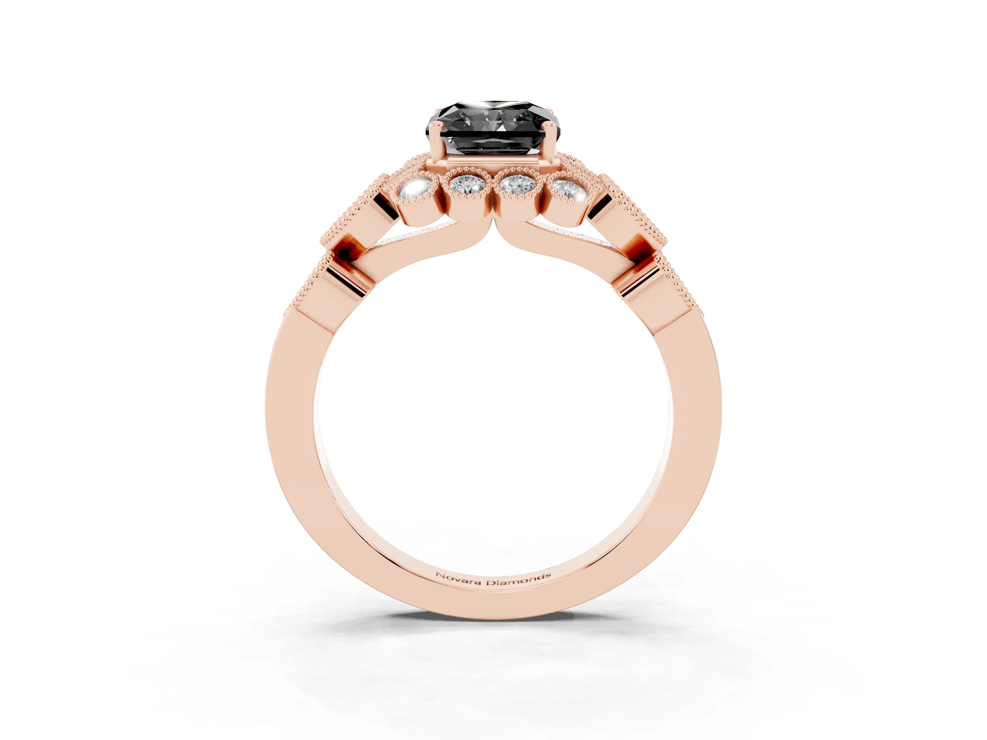 Fancy Black Radiant Cut Diamond Solitaire Ring Set in Rose gold with Milgrain Pavé Heart Band