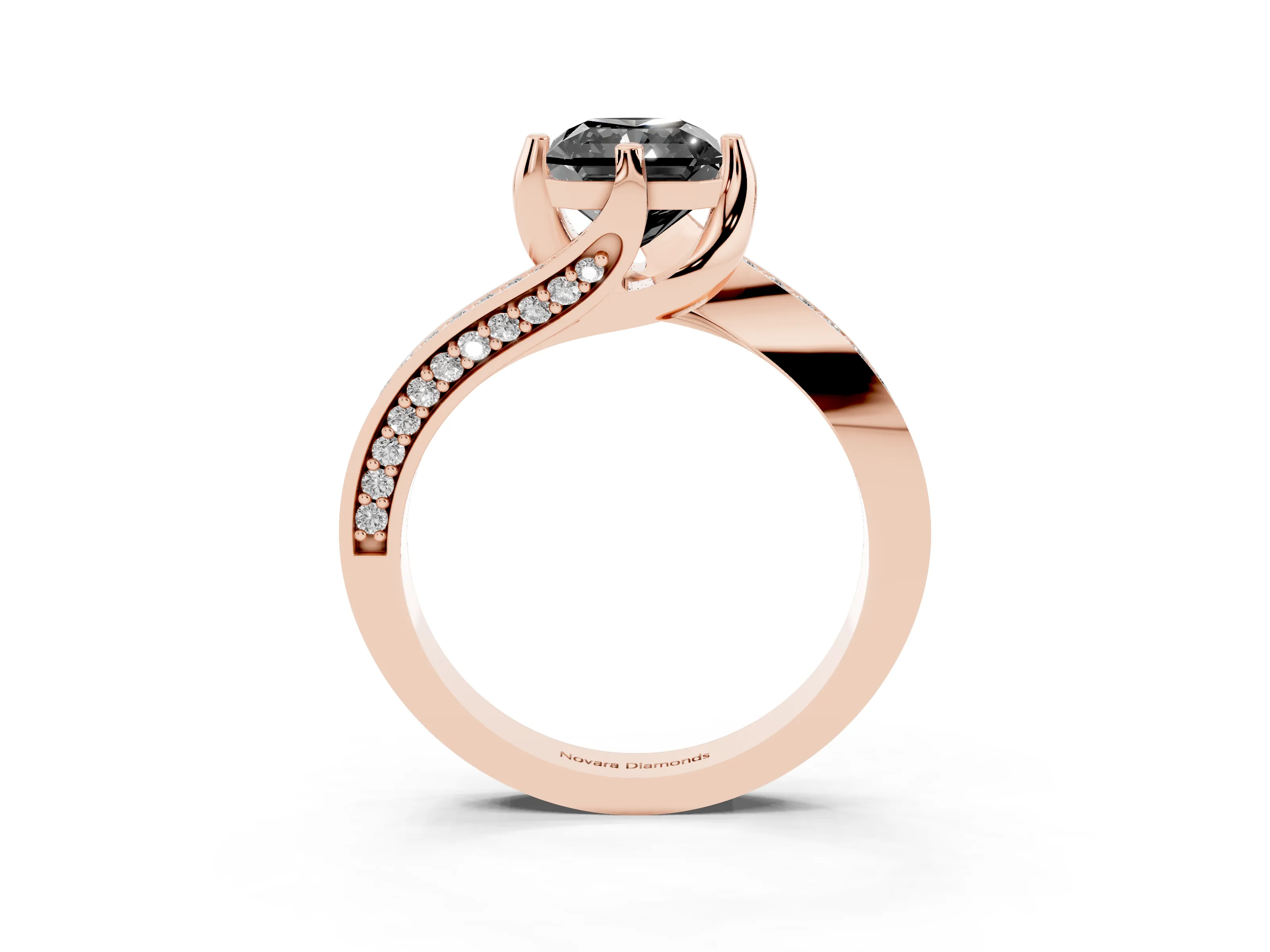 Fancy Black Radiant Cut Diamond Solitaire Ring Set in Rose gold with Intertwined Pavé Twist Band