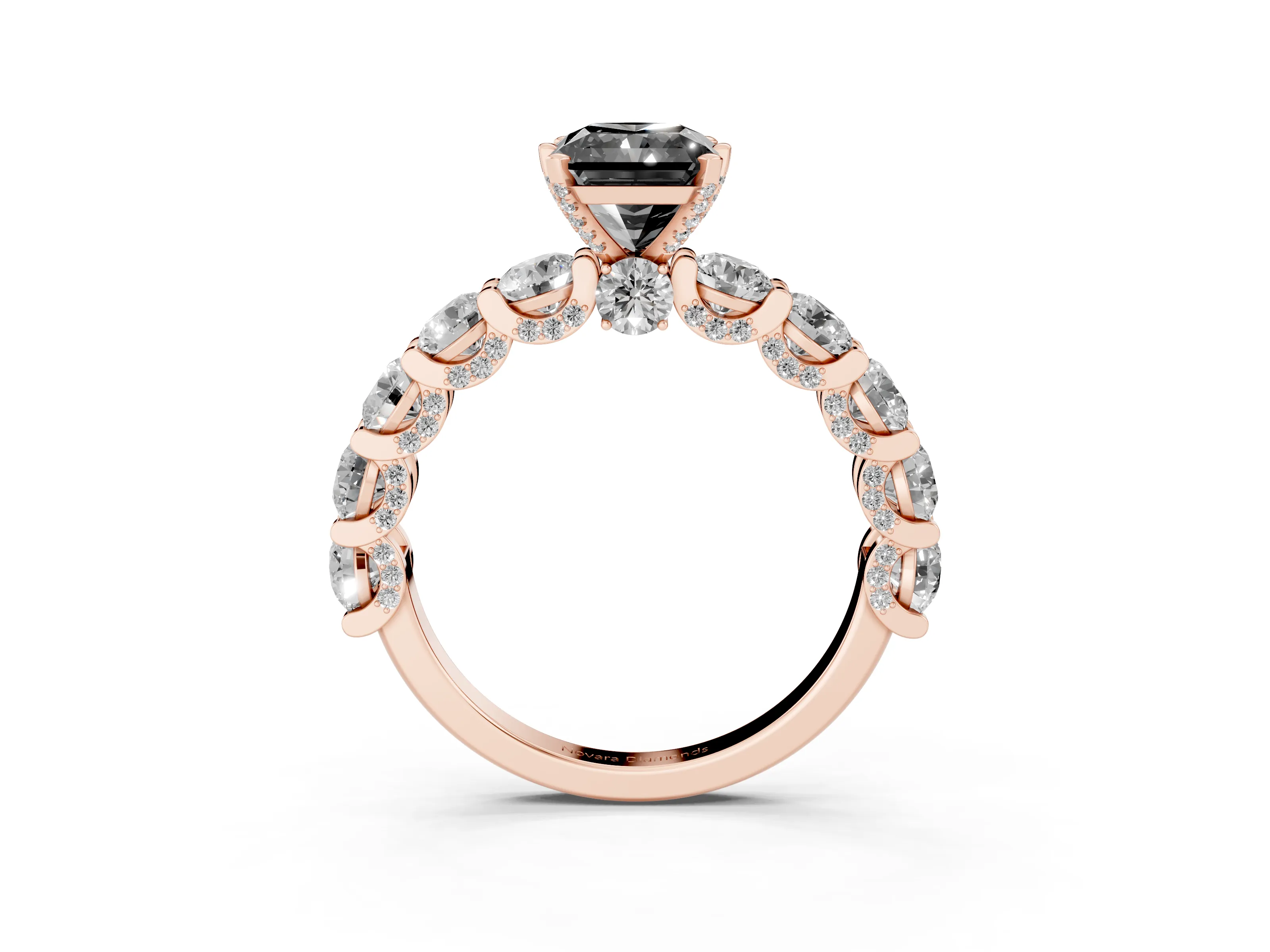 Fancy Black Radiant Cut Diamond Side Stone Ring Set in Rose gold with Alternating Round and Oval Side Stones