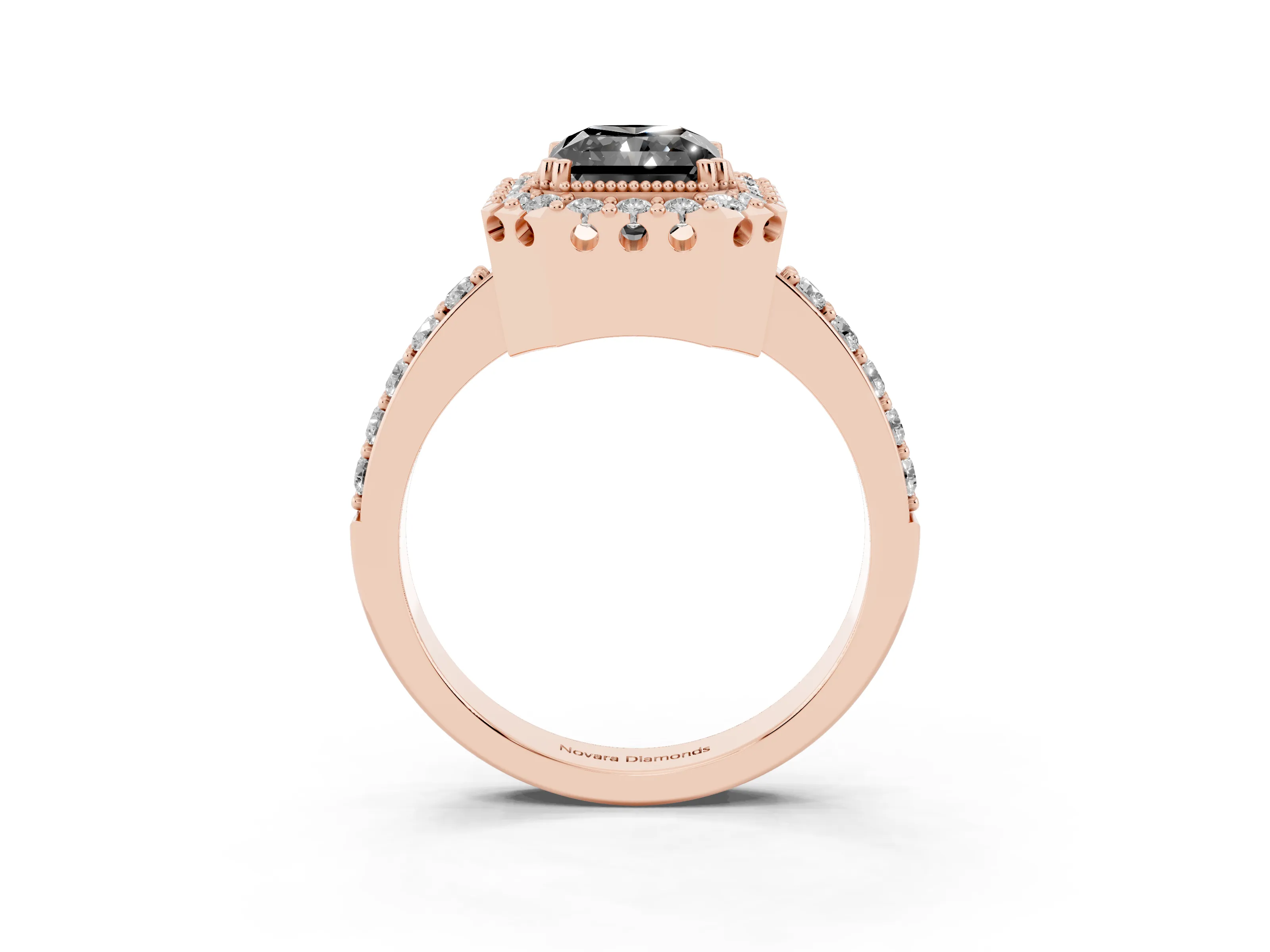 Fancy Black Radiant Cut Diamond Halo Ring Set in Rose gold with Pavé Shank and Prong Setting
