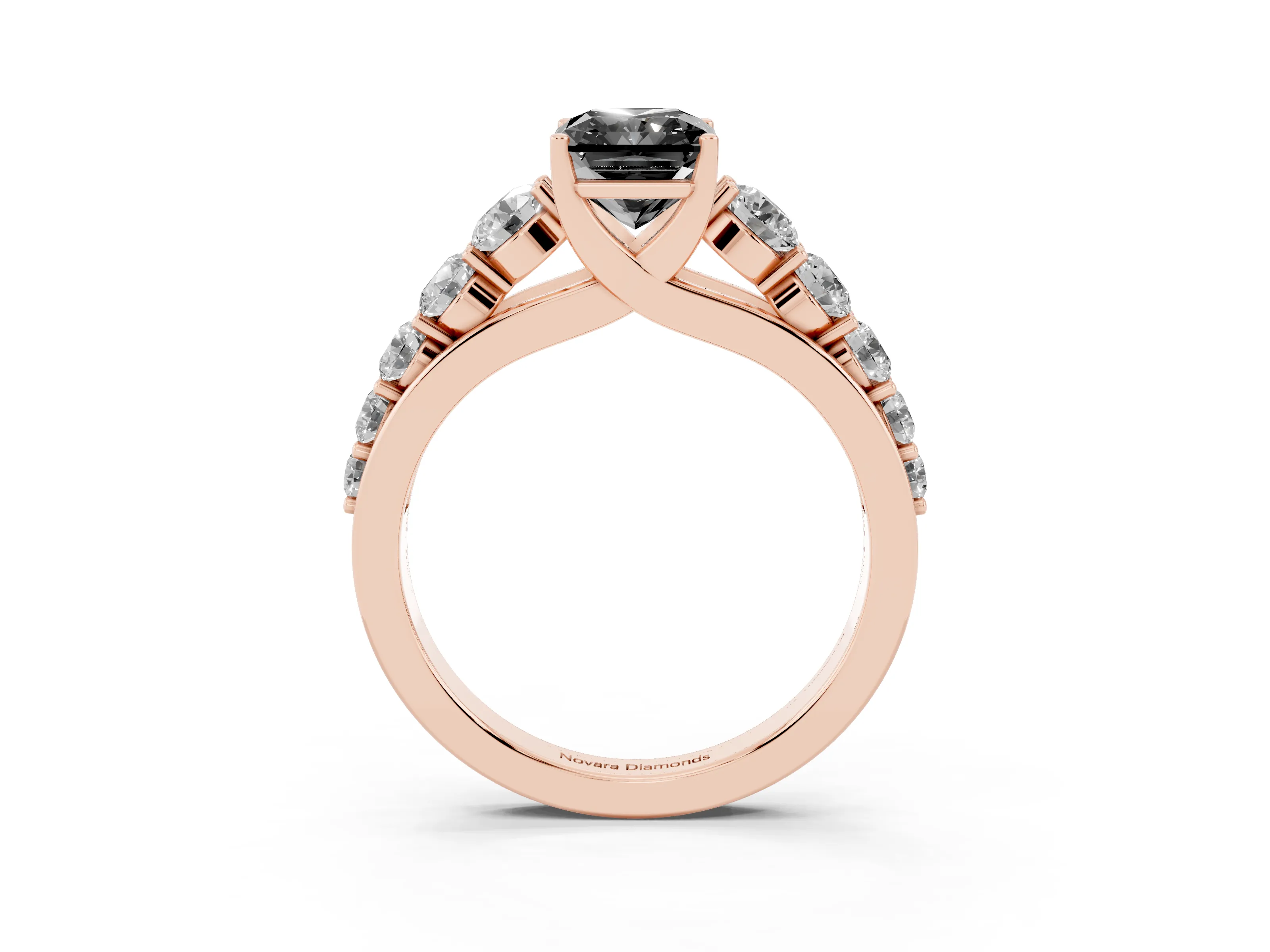 Fancy Black Radiant Cut Diamond Solitaire Ring Set in Rose gold with Pavé-Set Band and Prong Setting