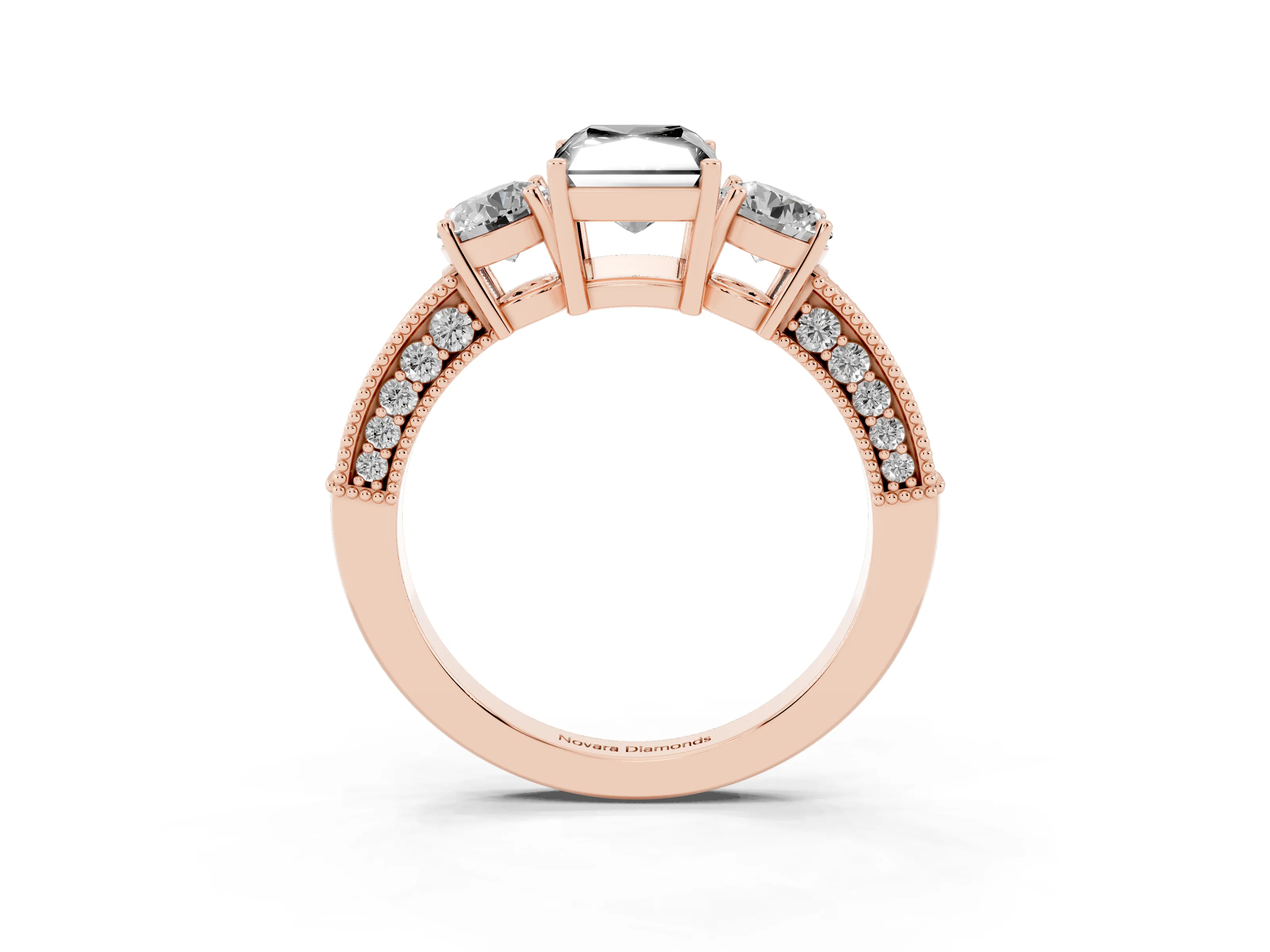 Fancy Black Radiant Cut Diamond Three-Stone Ring Set in Rose gold with Round Side Stones and Pavé Band