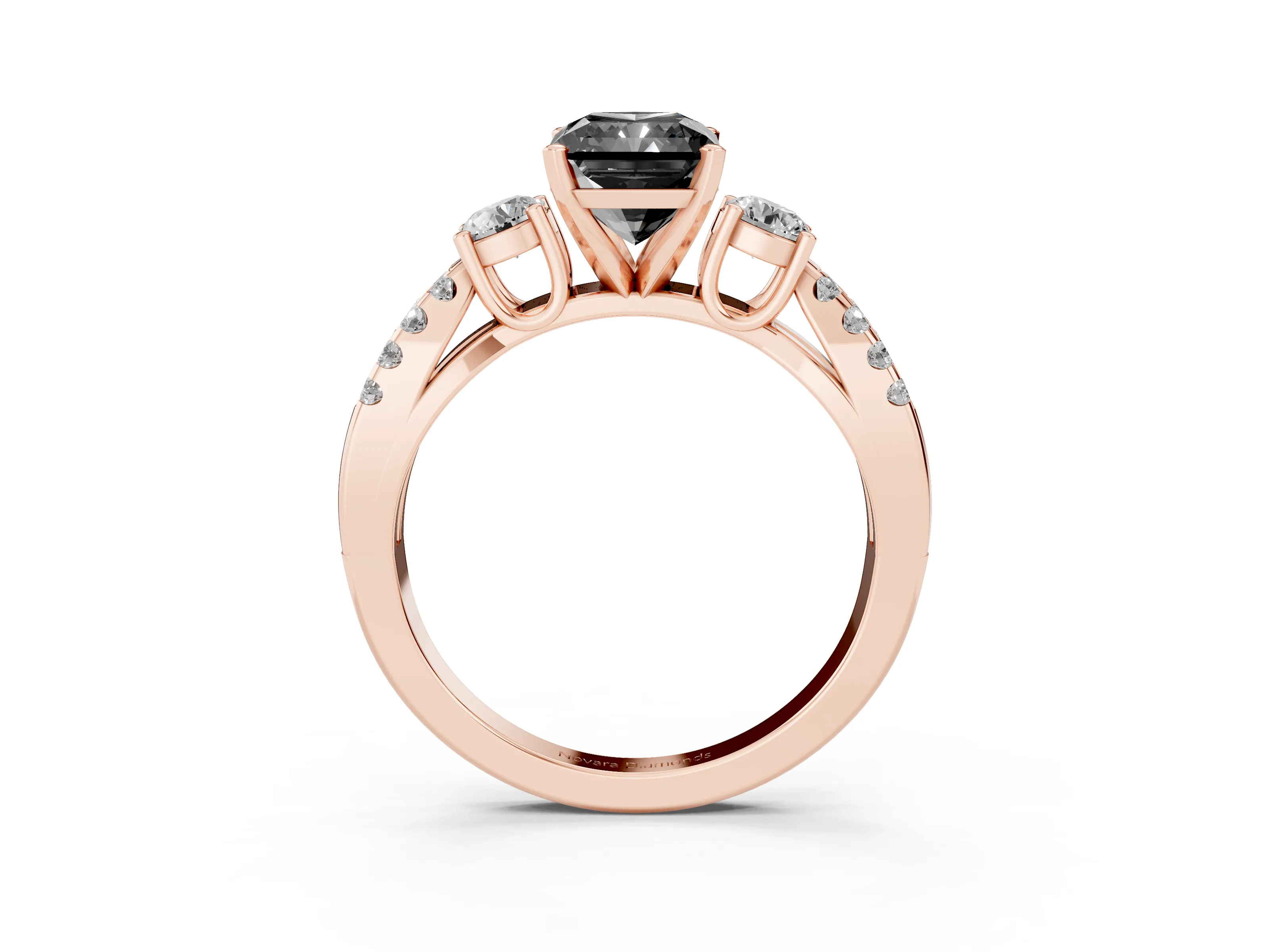 Fancy Black Radiant Cut Diamond Three-Stone Ring Set in Rose gold with Pavé Split Shank and Prong Setting