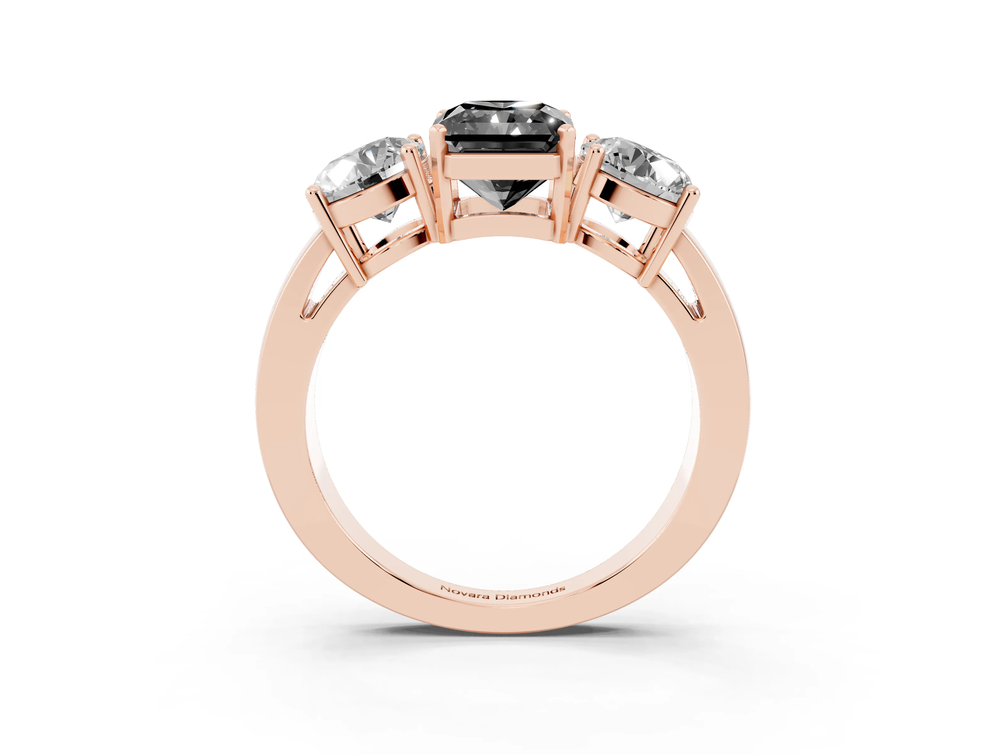 Fancy Black Radiant Cut Diamond Three-Stone Ring Set in Rose gold with Round Side Stones and Classic Band