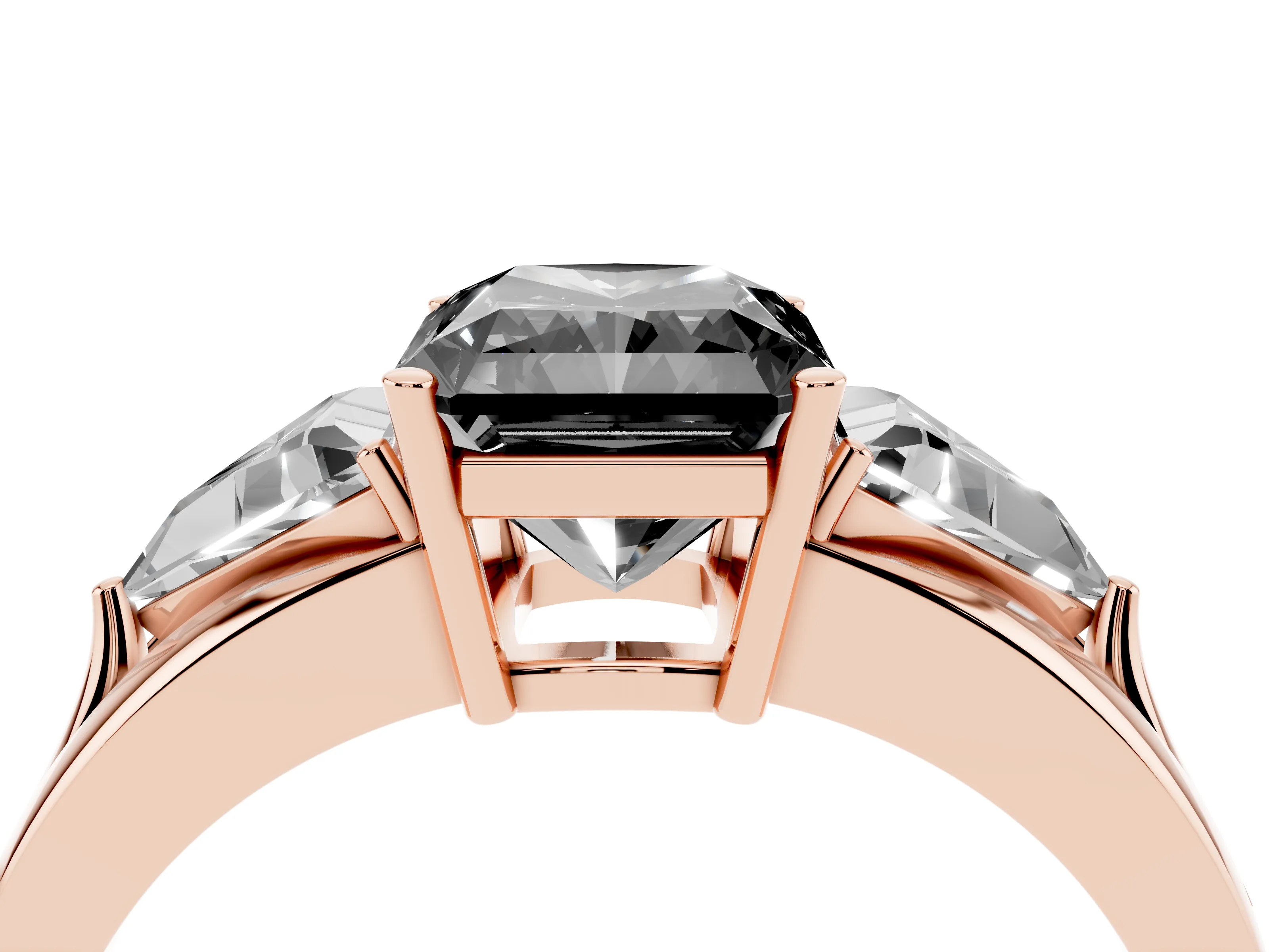 Fancy Black Radiant Cut Diamond Three-Stone Ring Set in Rose gold with Trillion Side Stones and Split Shank