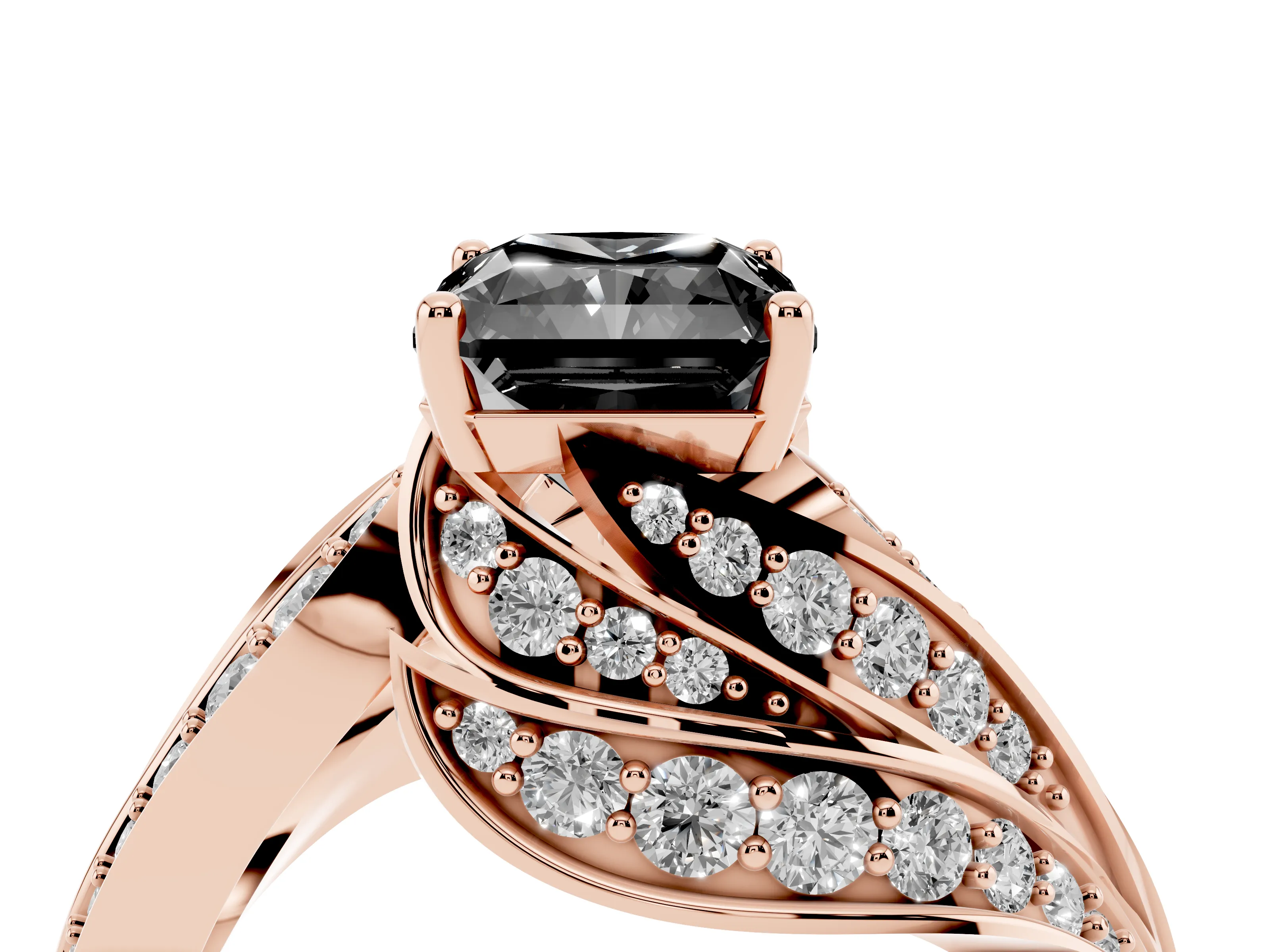 Fancy Black Radiant Cut Diamond Solitaire Ring Set in Rose gold with Layered Twist Pavé Band