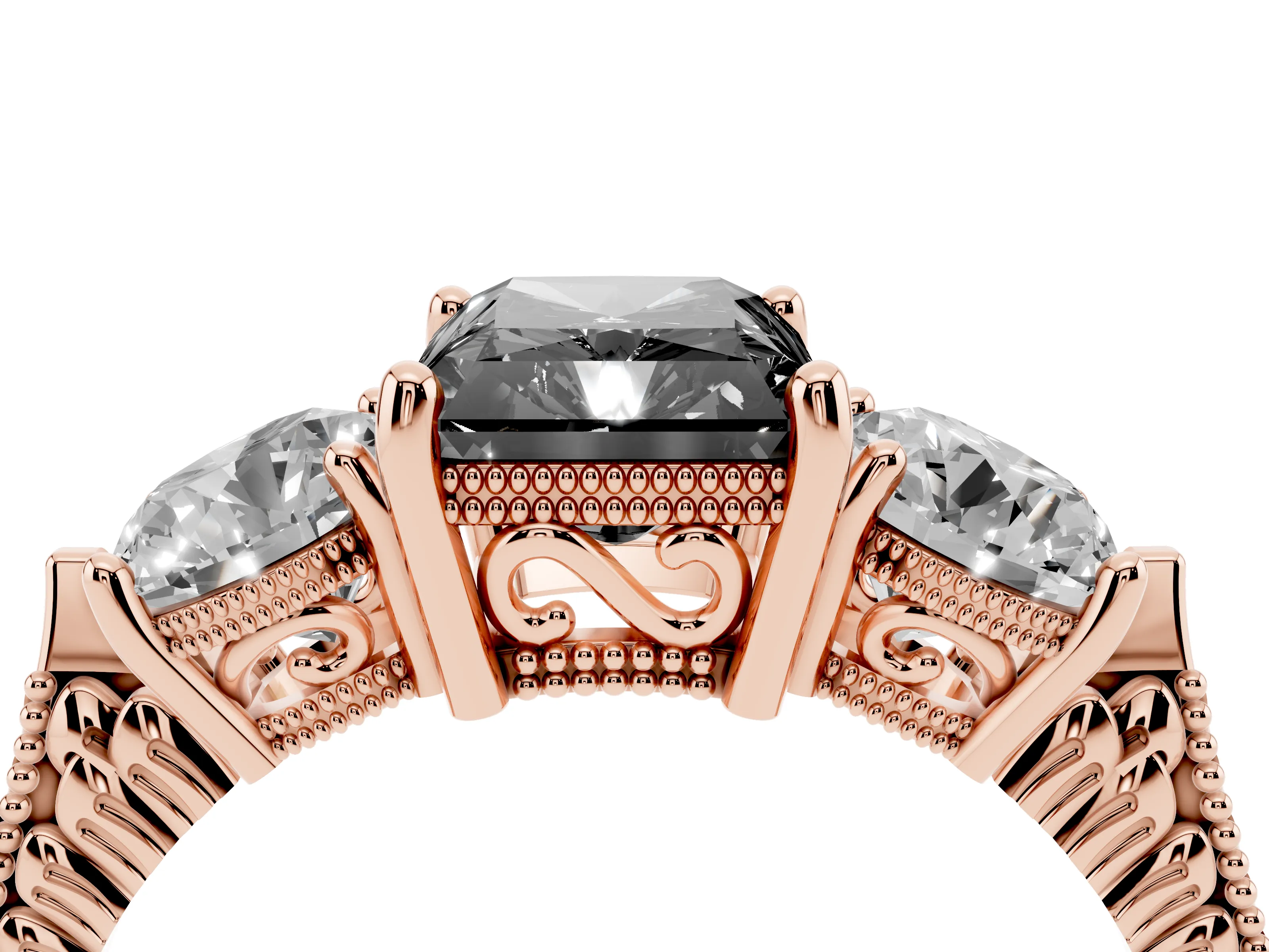 Fancy Black Radiant Cut Diamond Three-Stone Ring Set in Rose gold with Milgrain Band
