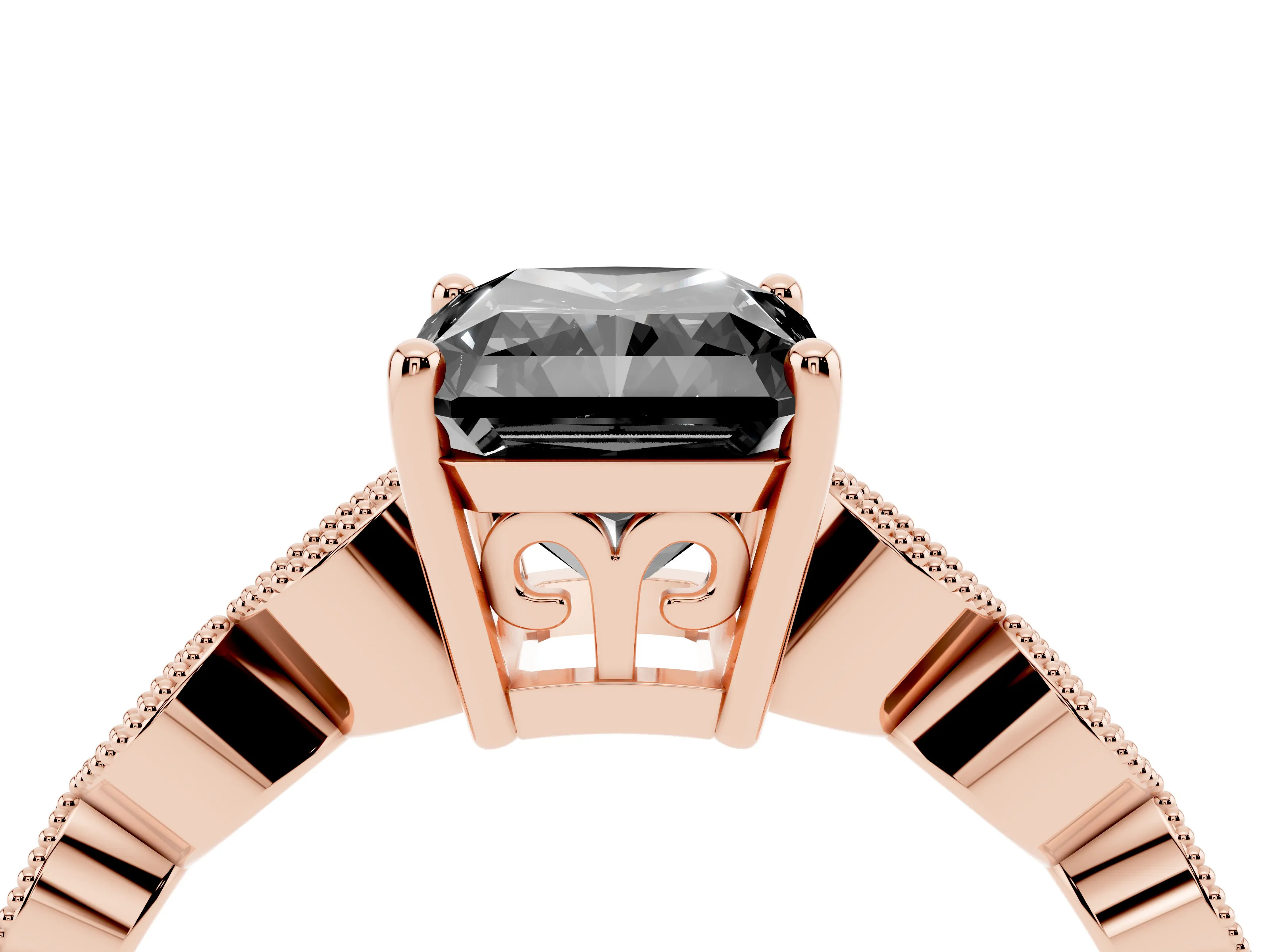 Fancy Black Radiant Cut Diamond Solitaire Ring Set in Rose gold with Infinity Twist Pavé Band