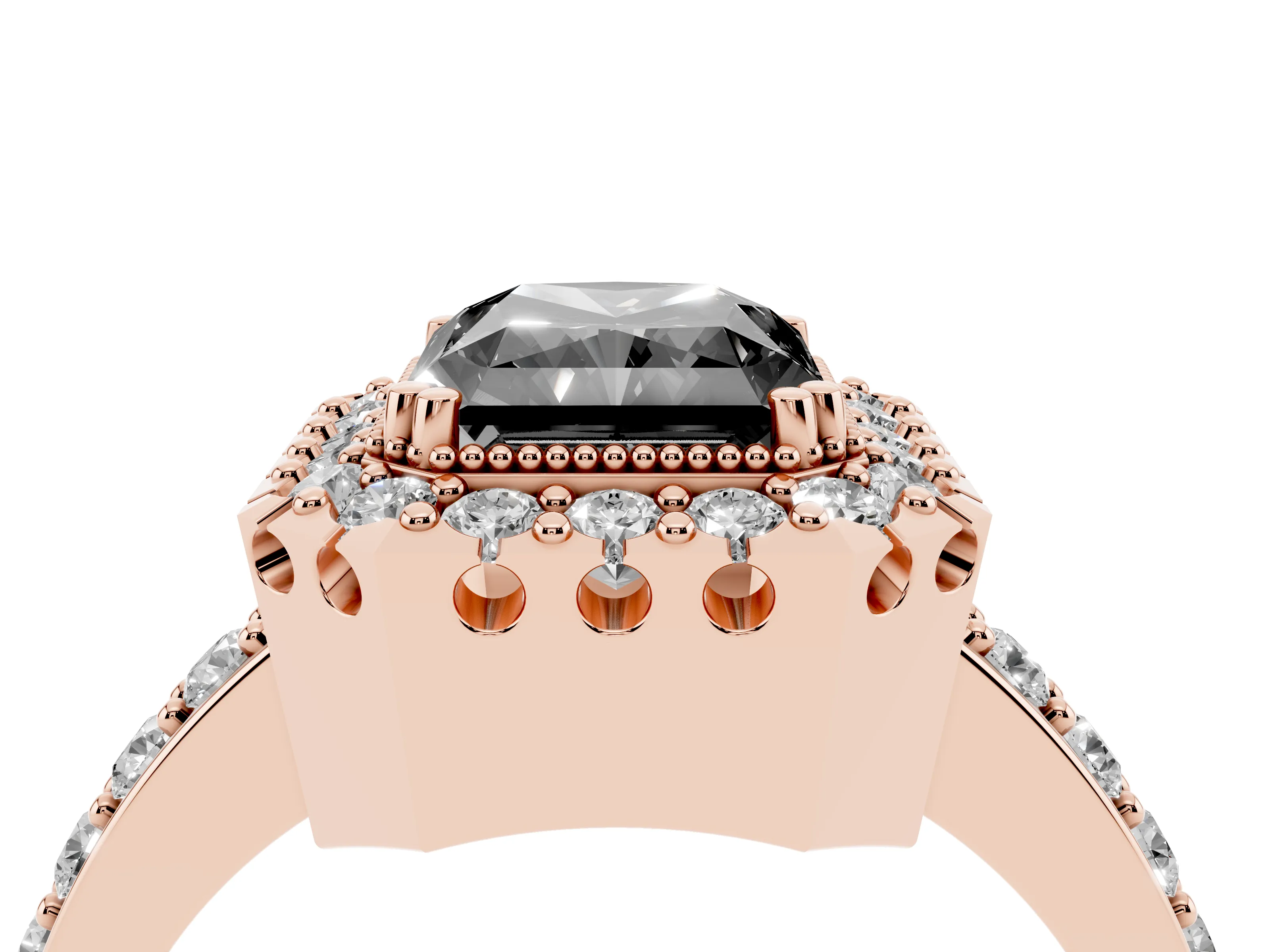 Fancy Black Radiant Cut Diamond Halo Ring Set in Rose gold with Pavé Shank and Prong Setting