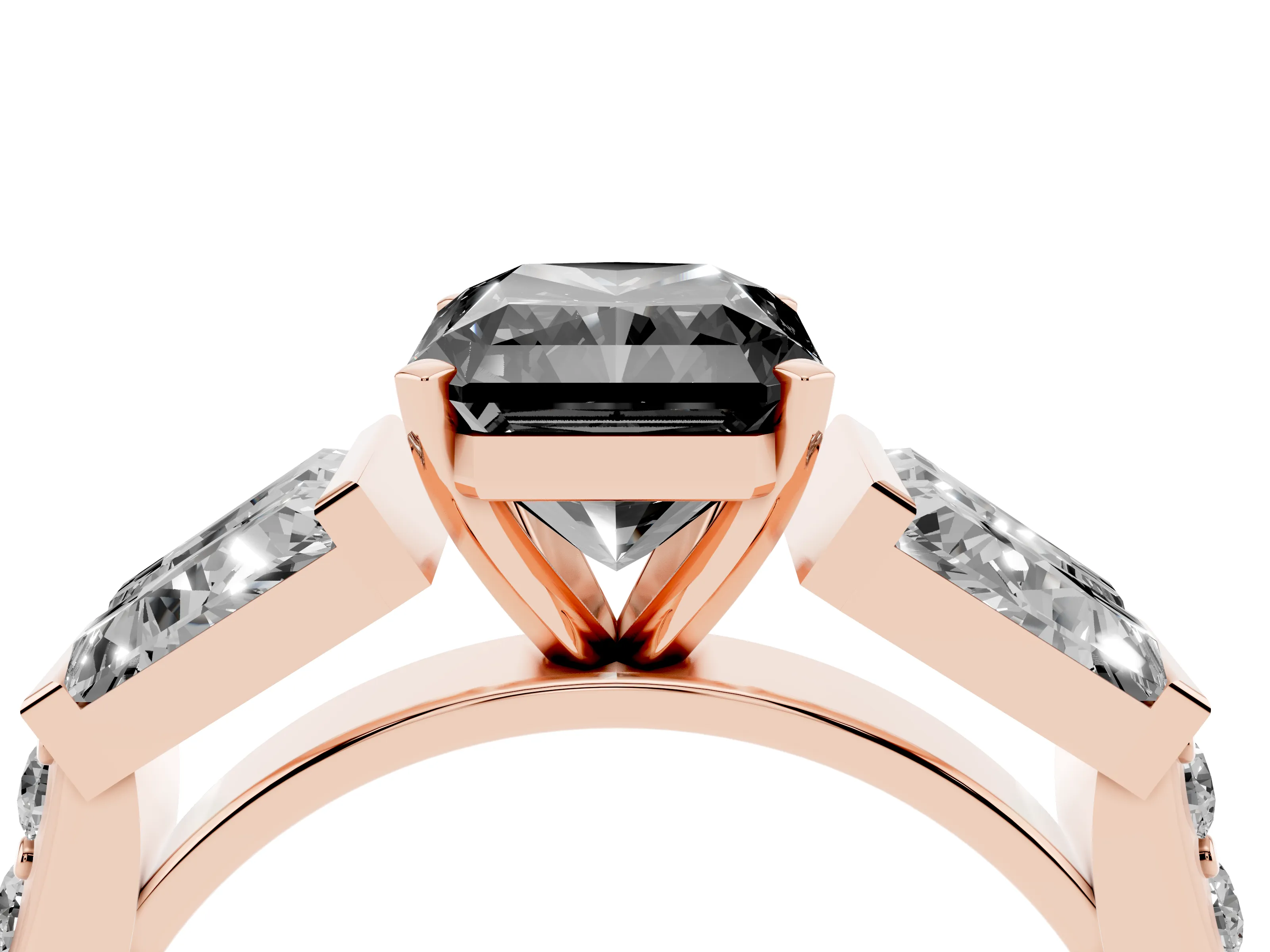 Fancy Black Radiant Cut Diamond Engagement Ring Set in Rose gold with Baguette Side Stones and Channel Set Band