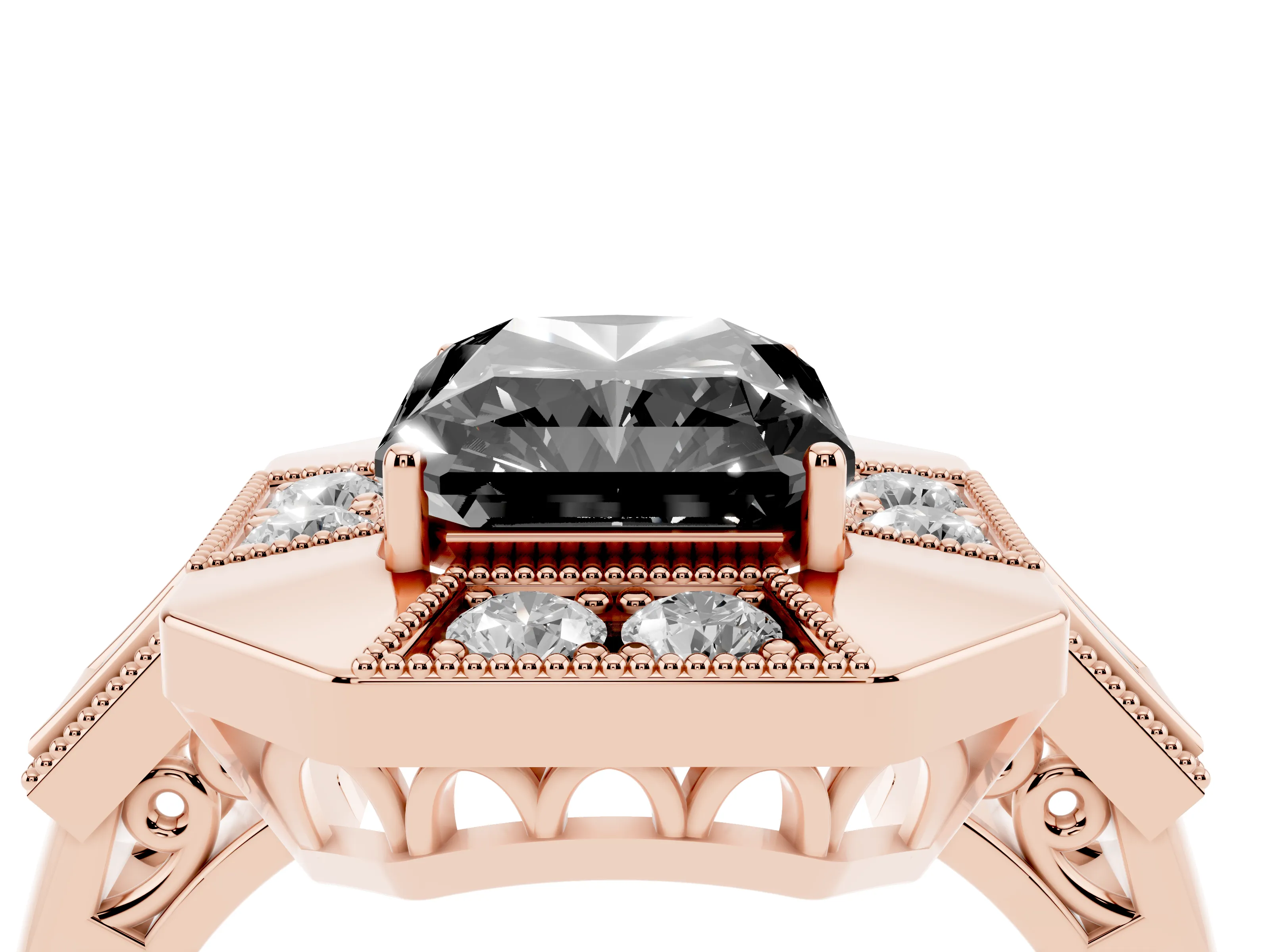 Fancy Black Radiant Cut Diamond Milgrain Halo Ring Set in Rose gold with Split Shank