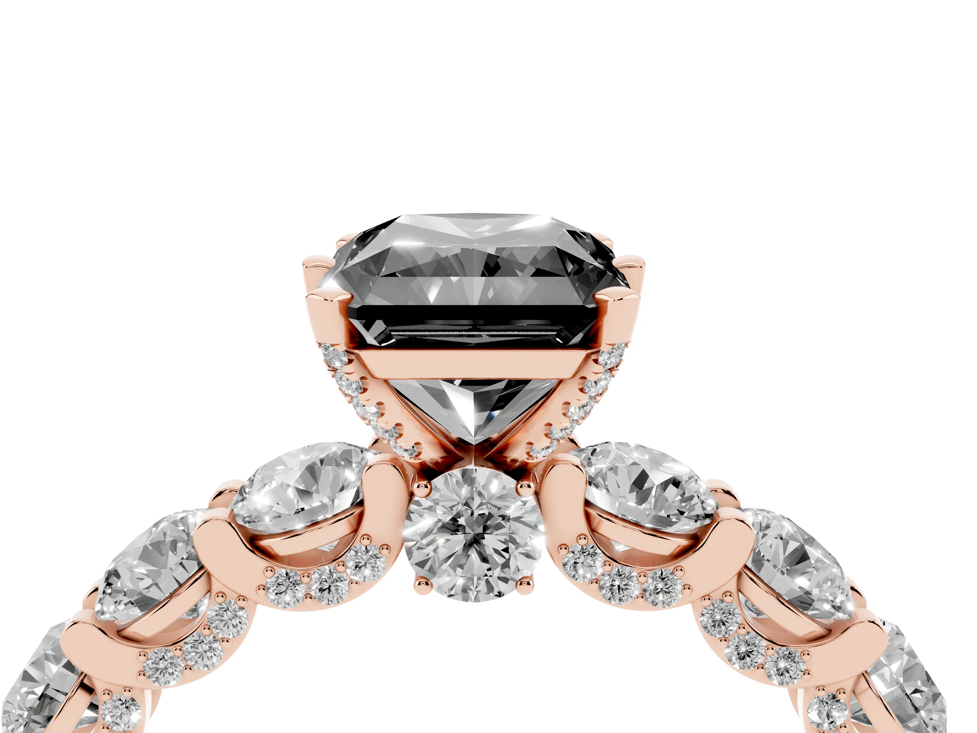 Fancy Black Radiant Cut Diamond Side Stone Ring Set in Rose gold with Alternating Round and Oval Side Stones