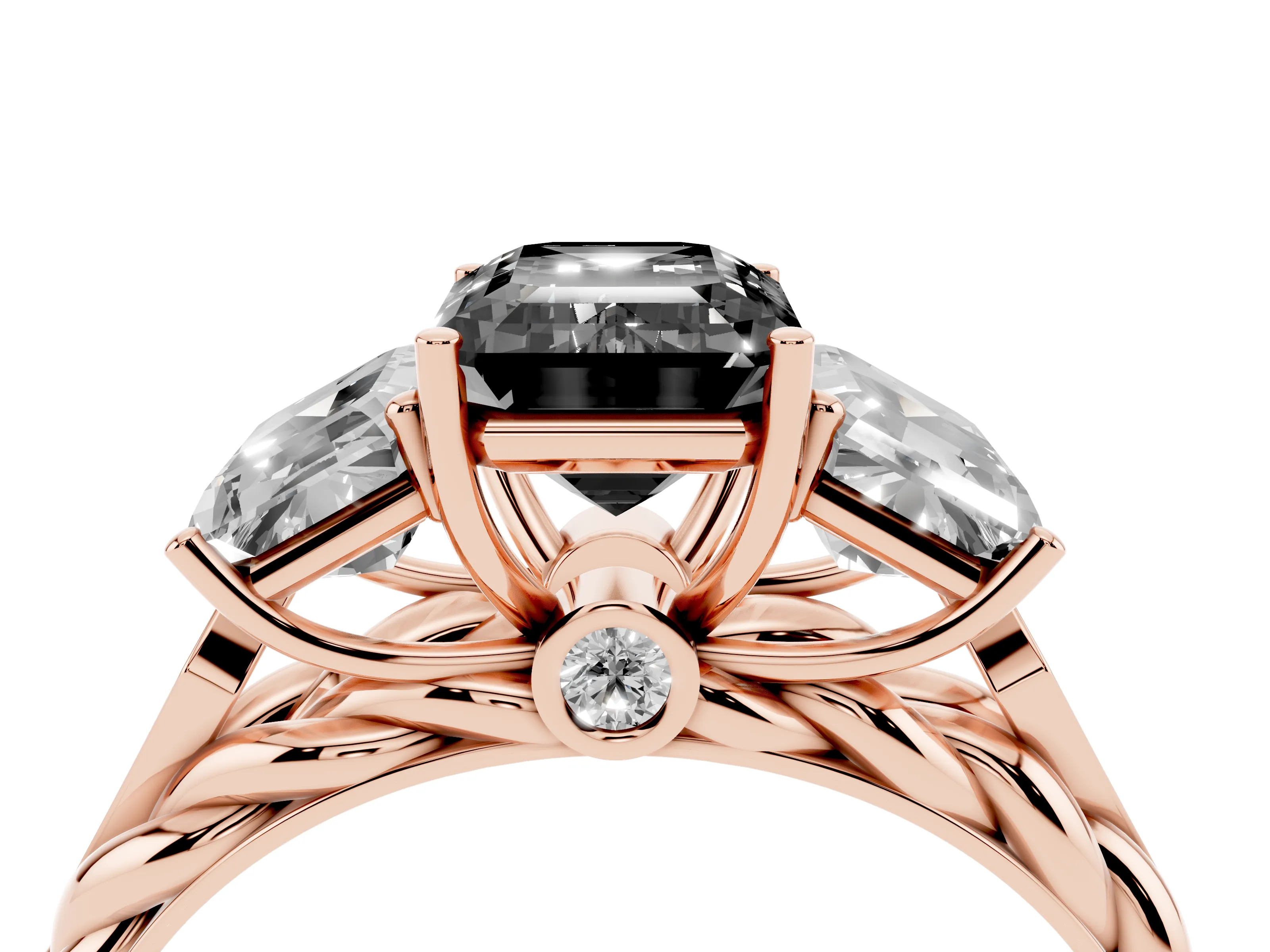 Fancy Black Radiant Cut Diamond Three-Stone Ring Set in Rose gold with Braided Band