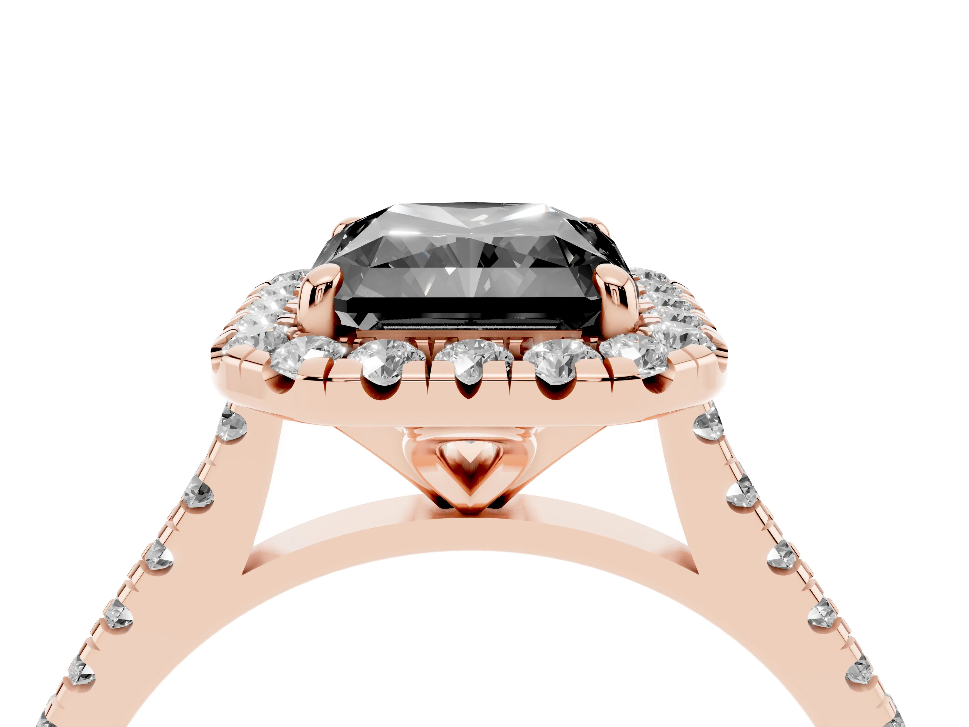 Fancy Black Radiant Cut Diamond Cushion Halo Ring Set in Rose gold with Pavé Band