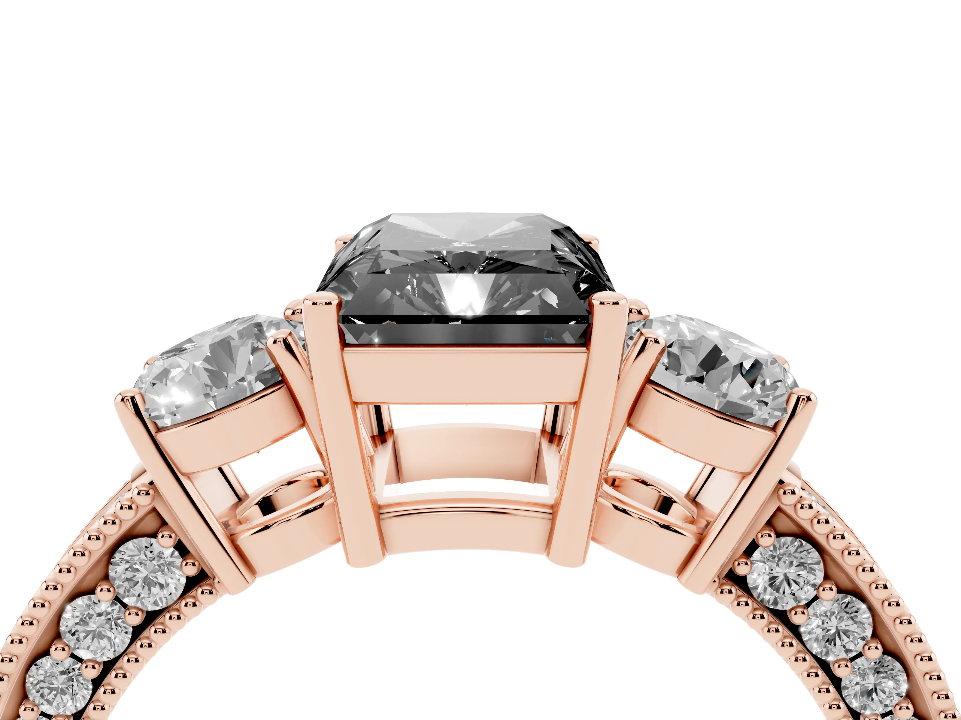 Fancy Black Radiant Cut Diamond Three-Stone Ring Set in Rose gold with Round Side Stones and Pavé Band