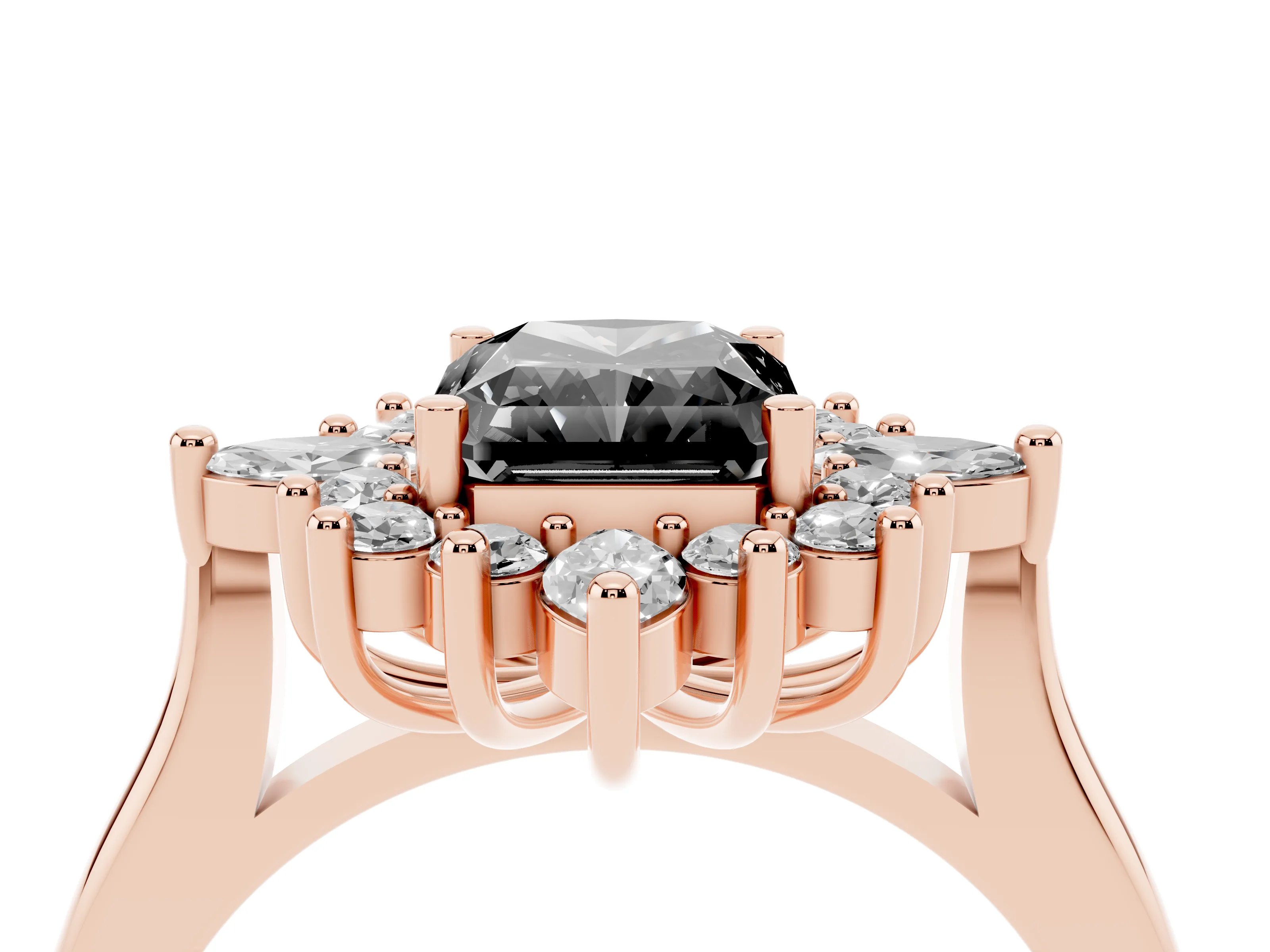 Fancy Black Radiant Cut Diamond Cluster Halo Ring Set in Rose gold with Marquise and Round Accents