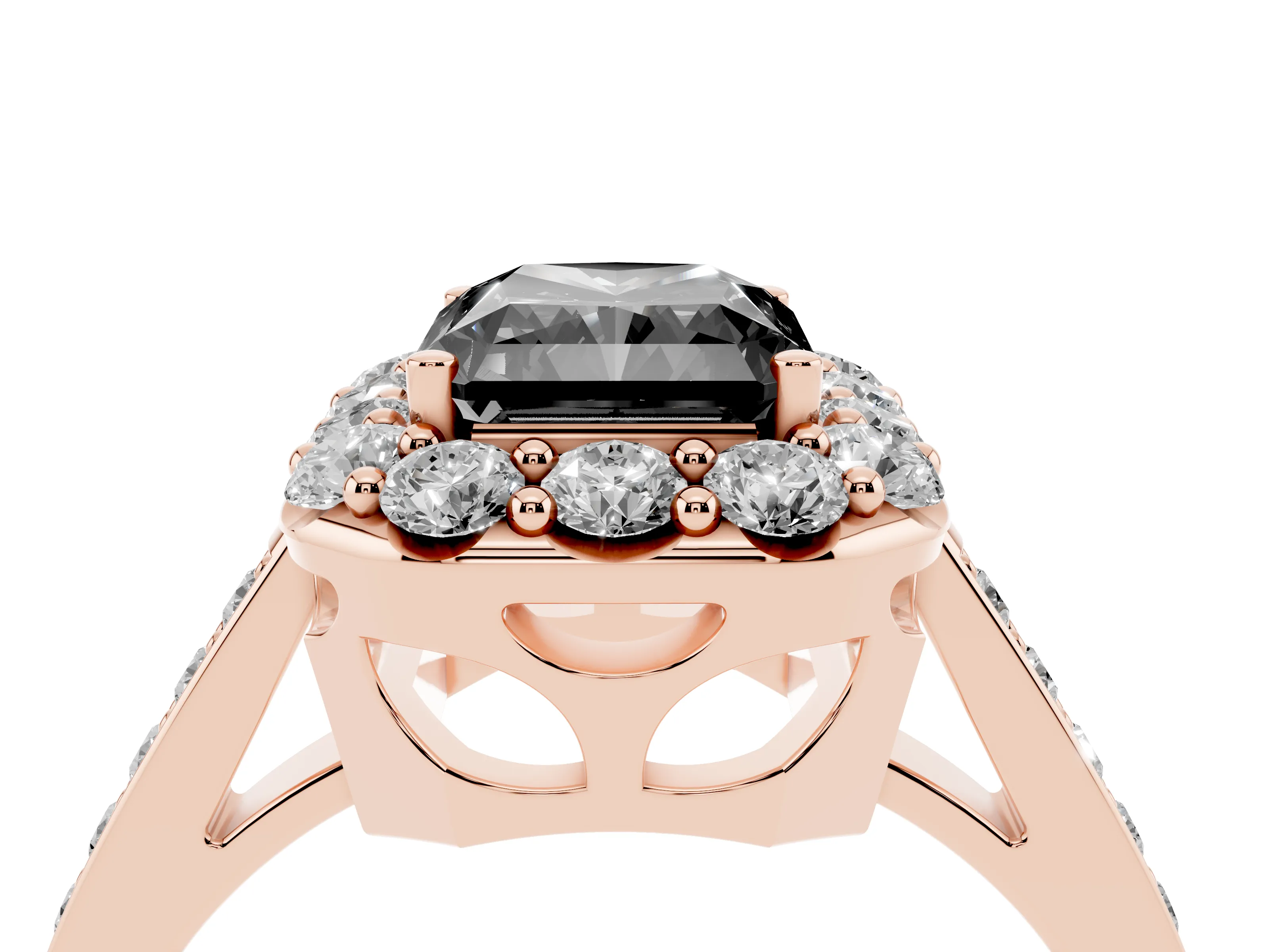 Fancy Black Radiant Cut Diamond Floral Halo Ring Set in Rose gold with Pavé Band and Prong Setting