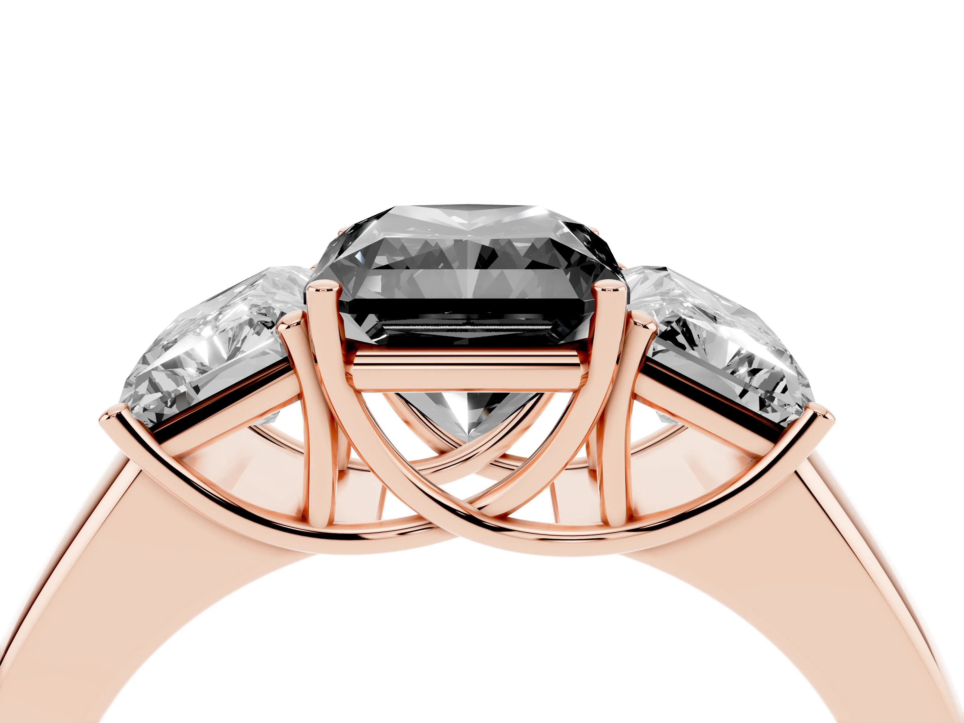 Fancy Black Three-Stone Radiant Cut Diamond Ring Set in Rose gold with Matching Prong Settings and Plain Band