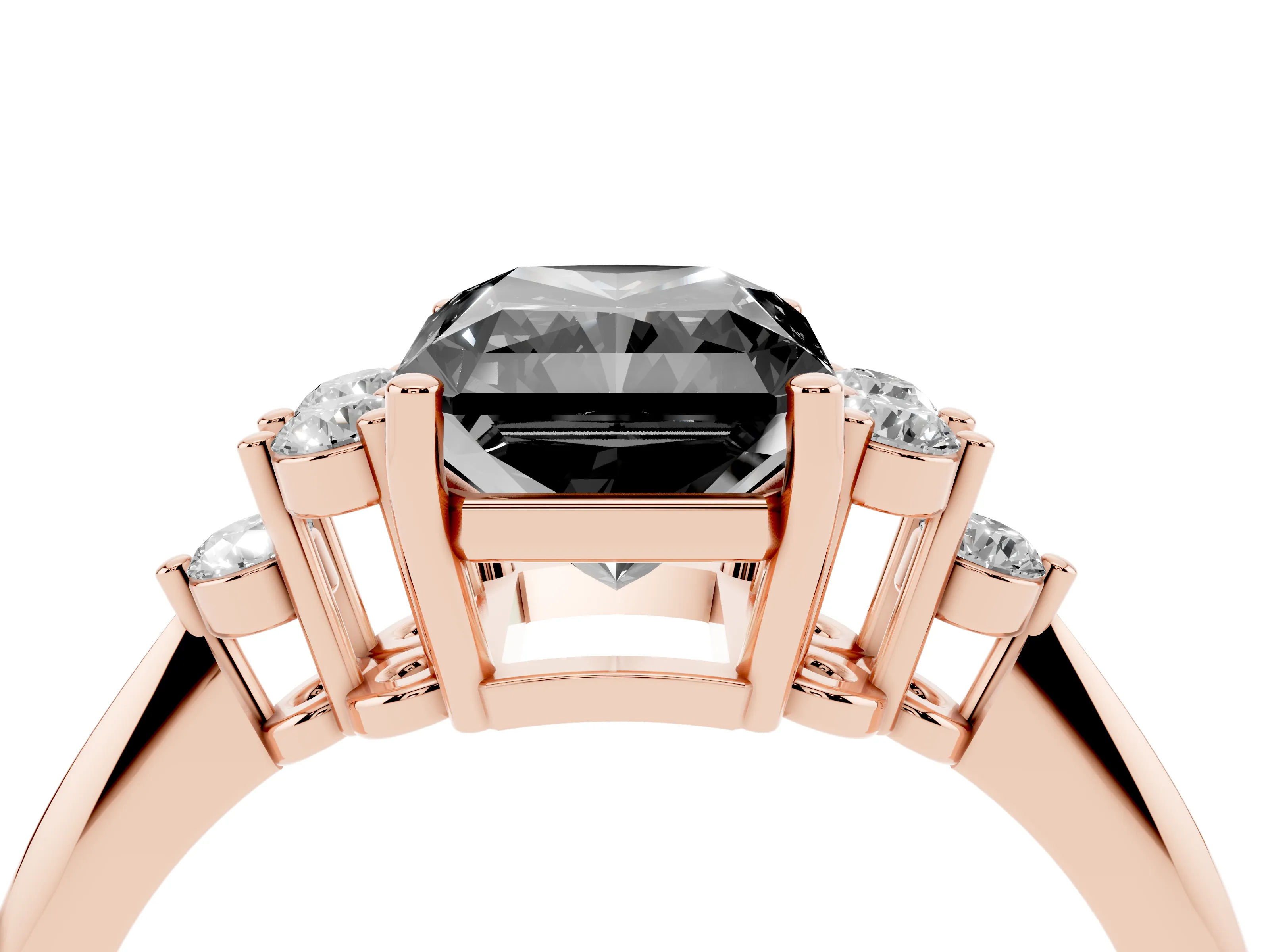 Fancy Black Radiant Cut Diamond Cluster Ring Set in Rose gold with Plain Band and Prong Setting