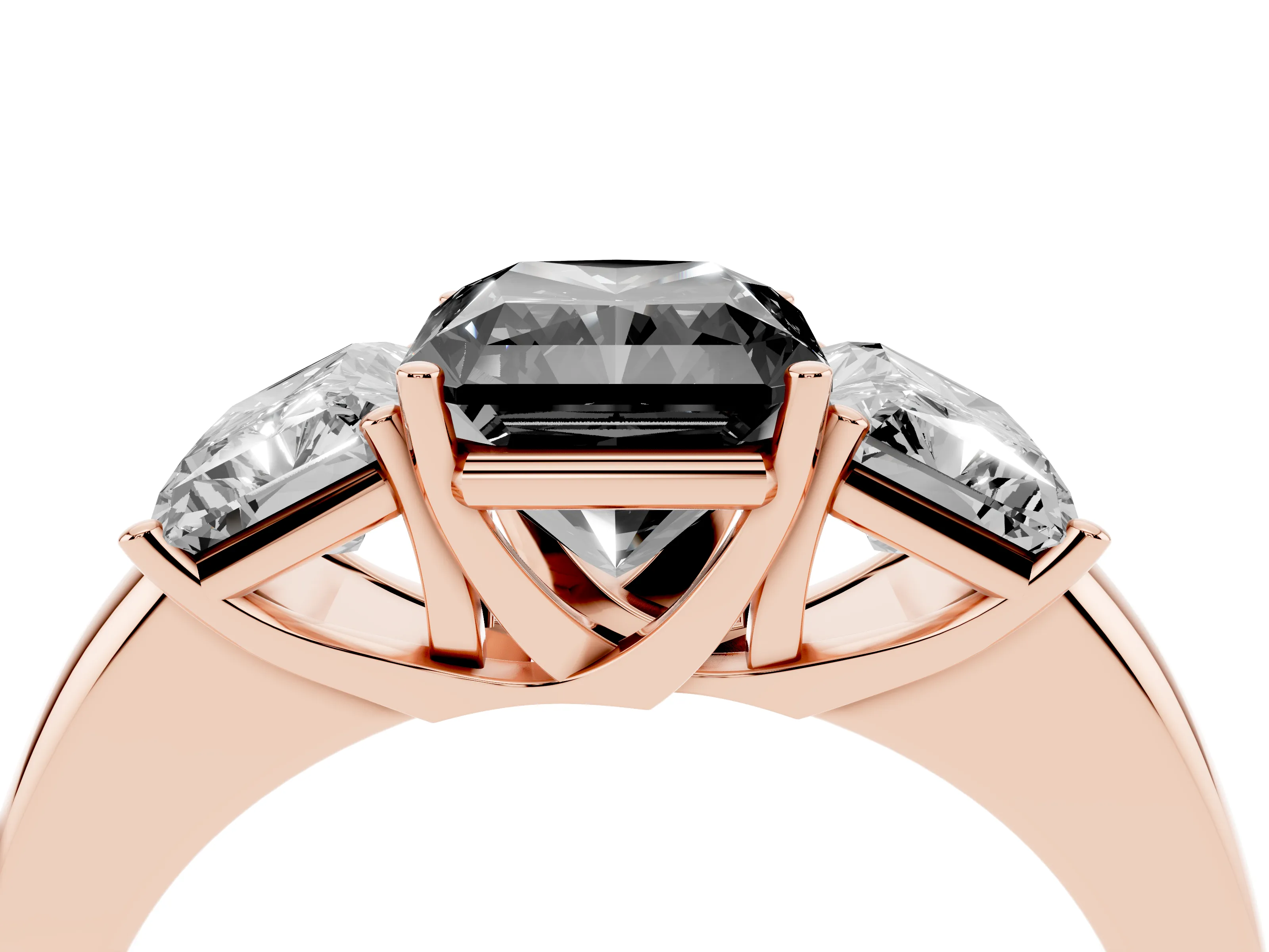 Fancy Black Radiant Cut Diamond Three-Stone Ring Set in Rose gold with Bold Center and Classic Band