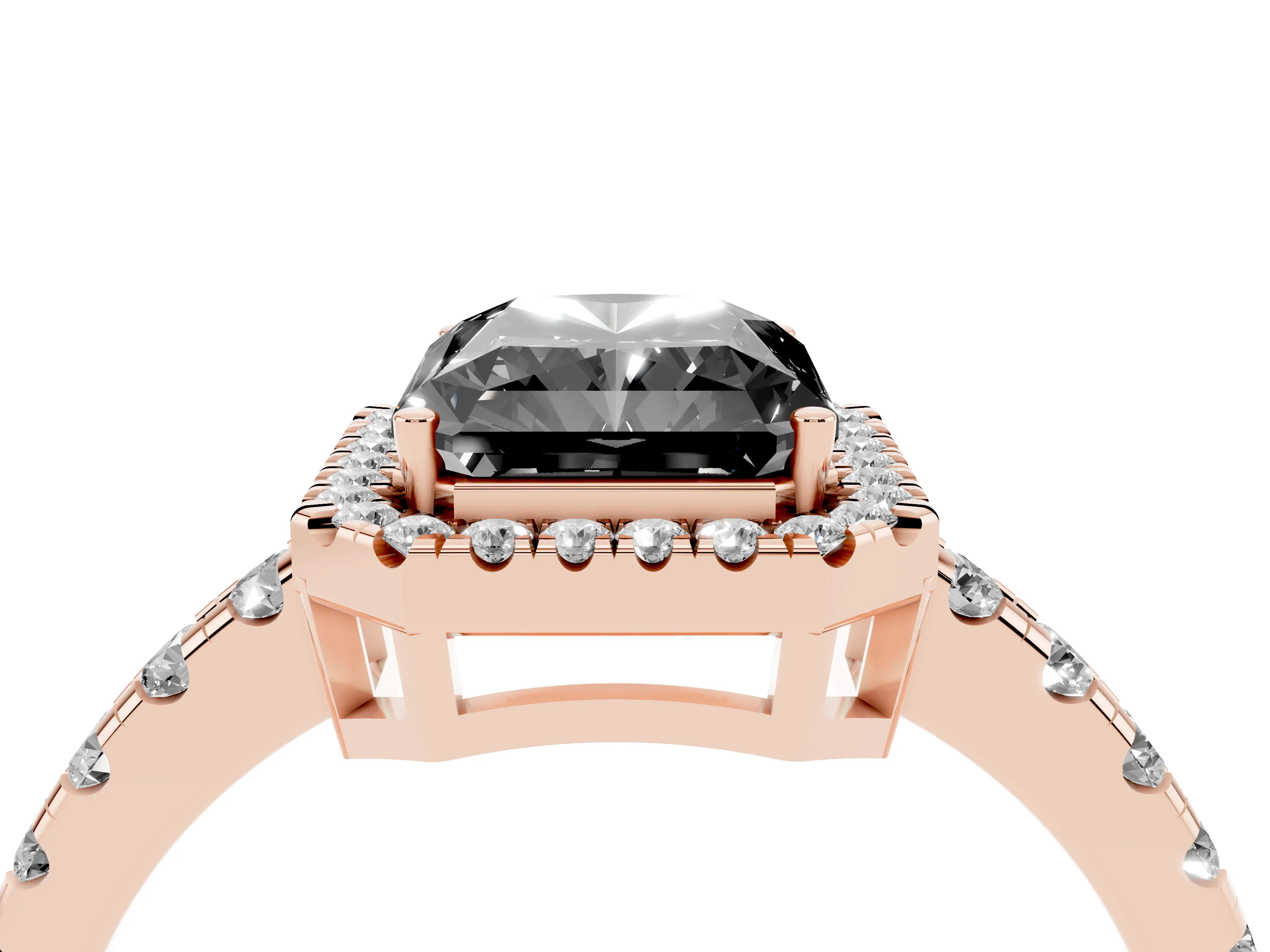 Fancy Black Radiant Cut Diamond Halo Ring Set in Rose gold with Delicate Pavé Band and Prong Setting