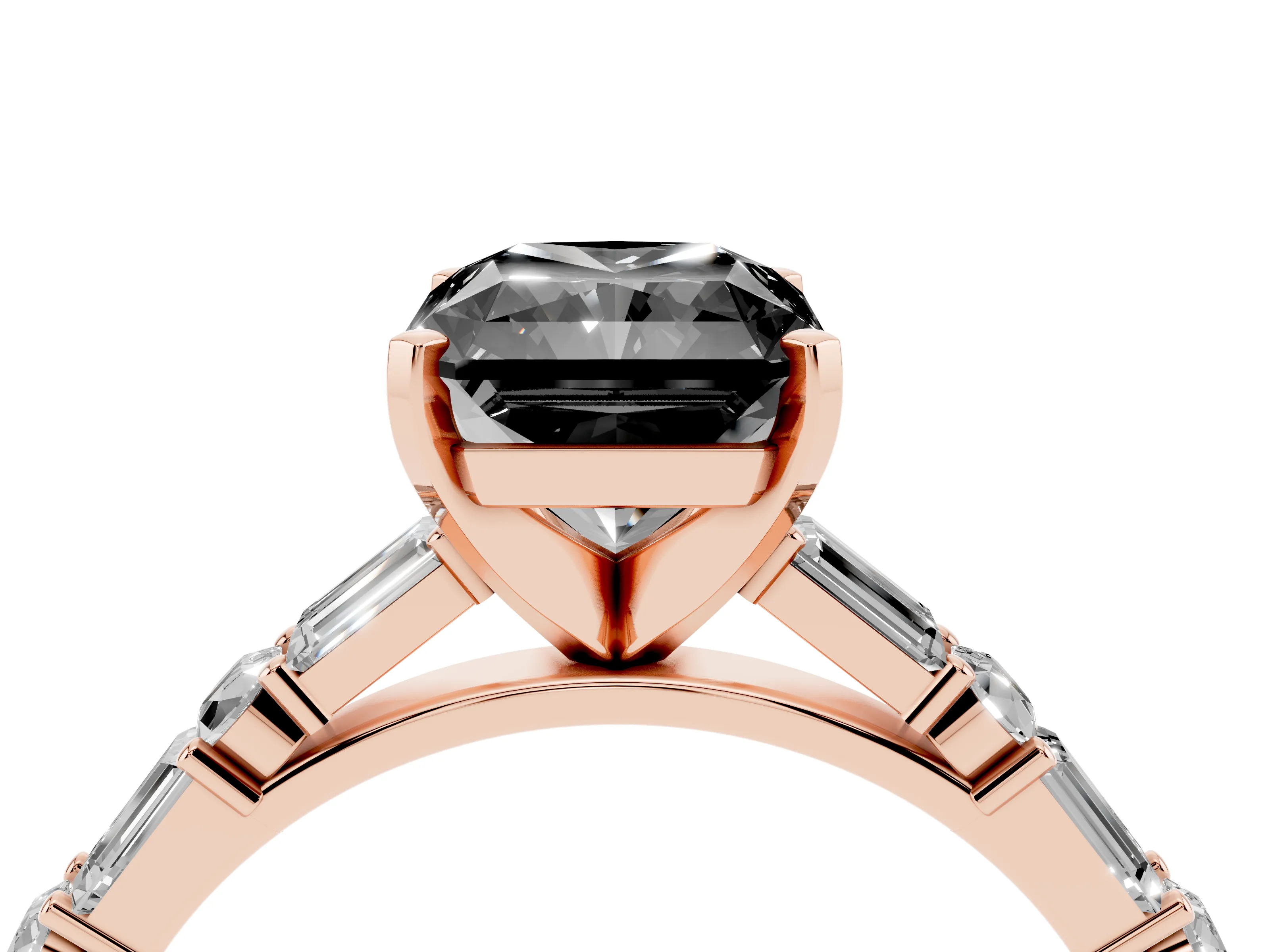 Fancy Black Radiant Cut Diamond Solitaire Set in Rose gold with Side Baguettes and Channel Set Band