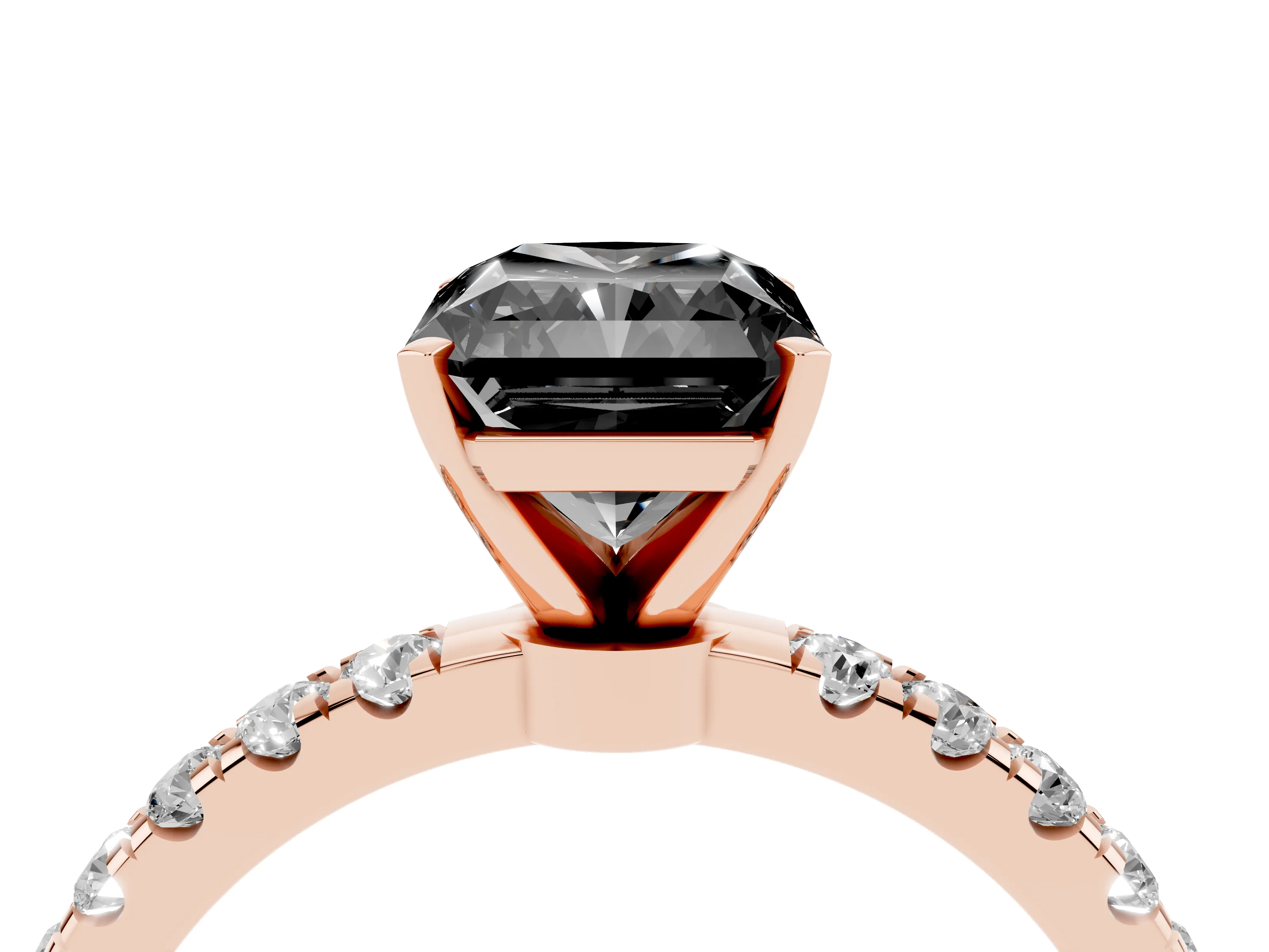 Fancy Black Radiant Cut Diamond Solitaire Ring Set in Rose gold with Pavé Accents and Prong Setting