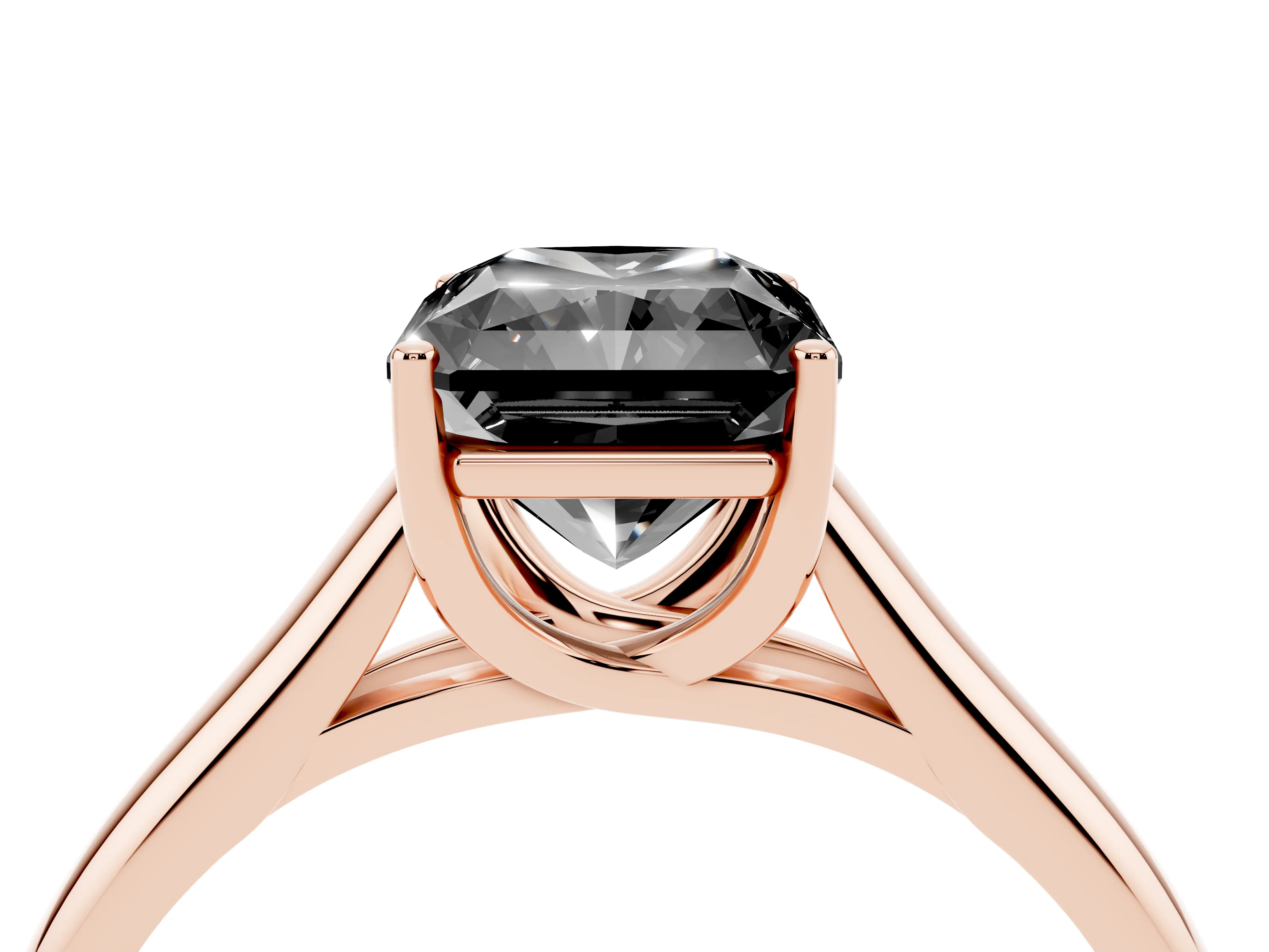 Fancy Black Radiant Cut Diamond Solitaire Engagement Ring Set in Rose gold with Subtly Tapered Band and Prong Setting