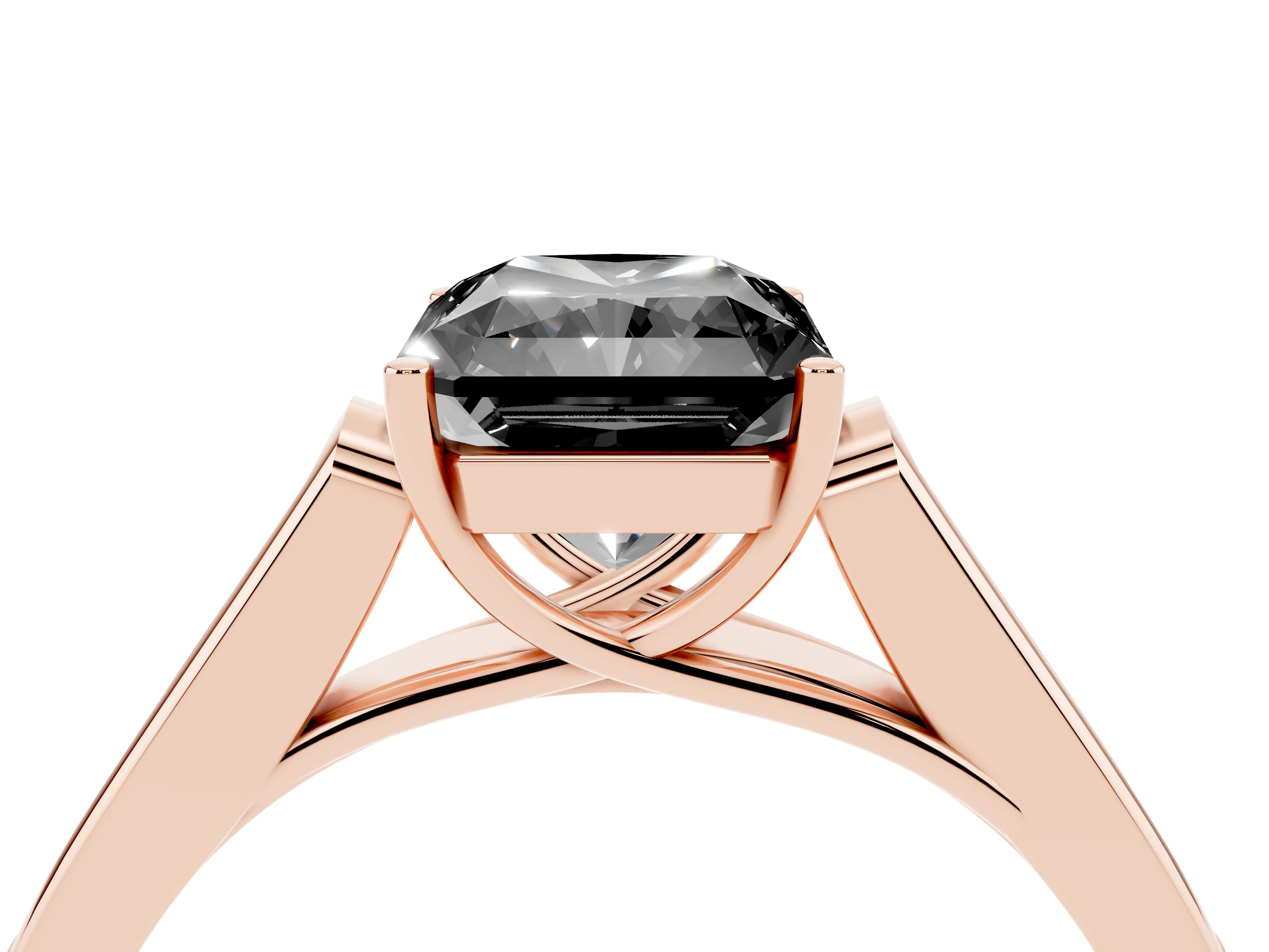 Fancy Black Radiant Cut Diamond Solitaire Cathedral Engagement Ring Set in Rose gold with Channel-Set Band and Prong Setting