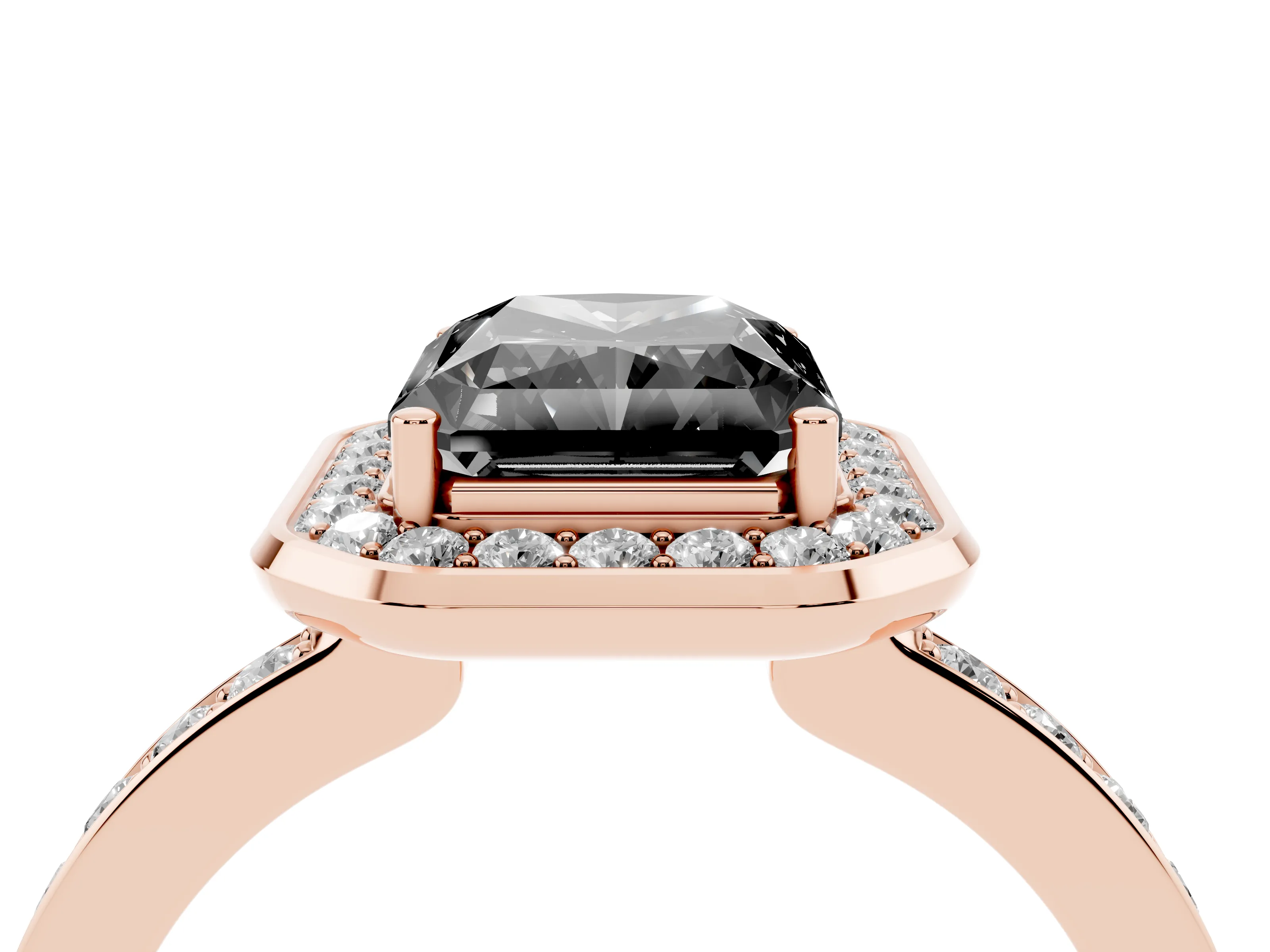 Fancy Black Radiant Cut Diamond Halo Ring Set in Rose gold with Bezel Frame and Pavé Band