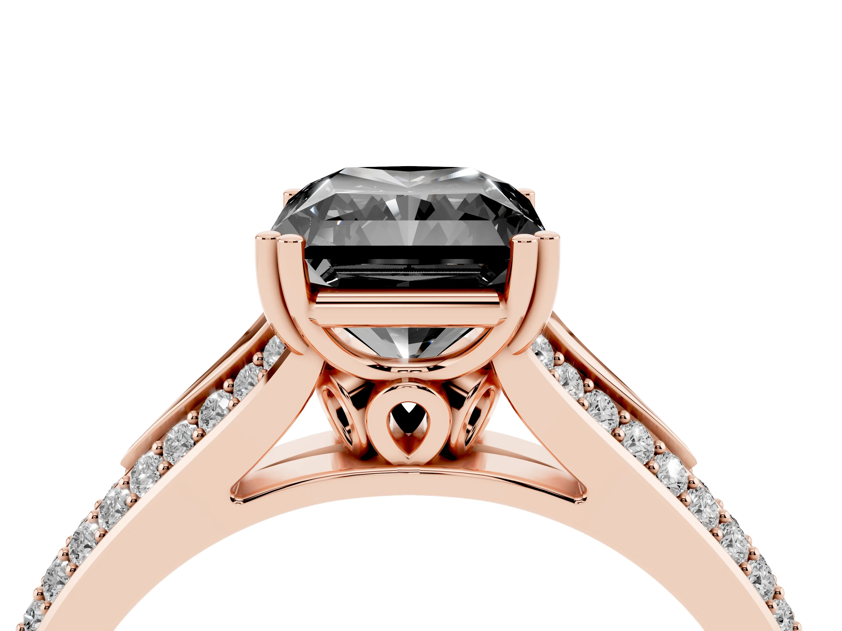 Fancy Black Radiant Cut Diamond Split Shank Pavé Engagement Ring Set in Rose gold with Prong-Set Center Stone