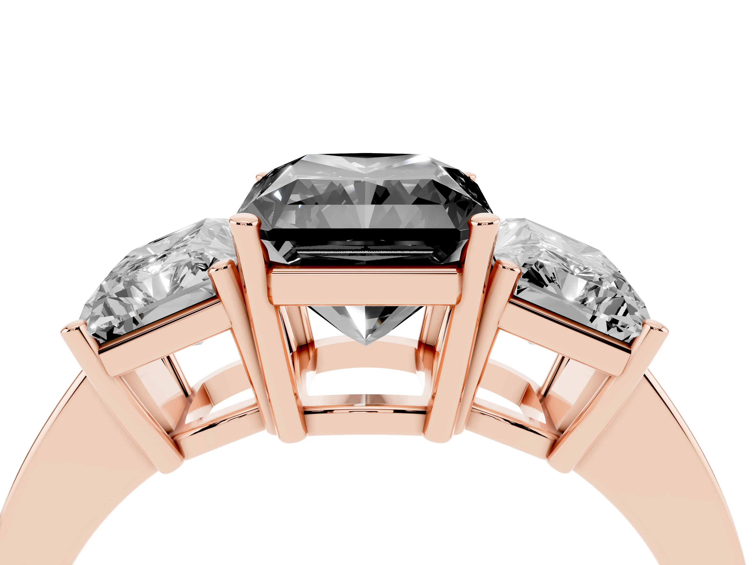 Fancy Black Radiant Cut Diamond Three-Stone Engagement Ring Set in Rose gold with Flat Band