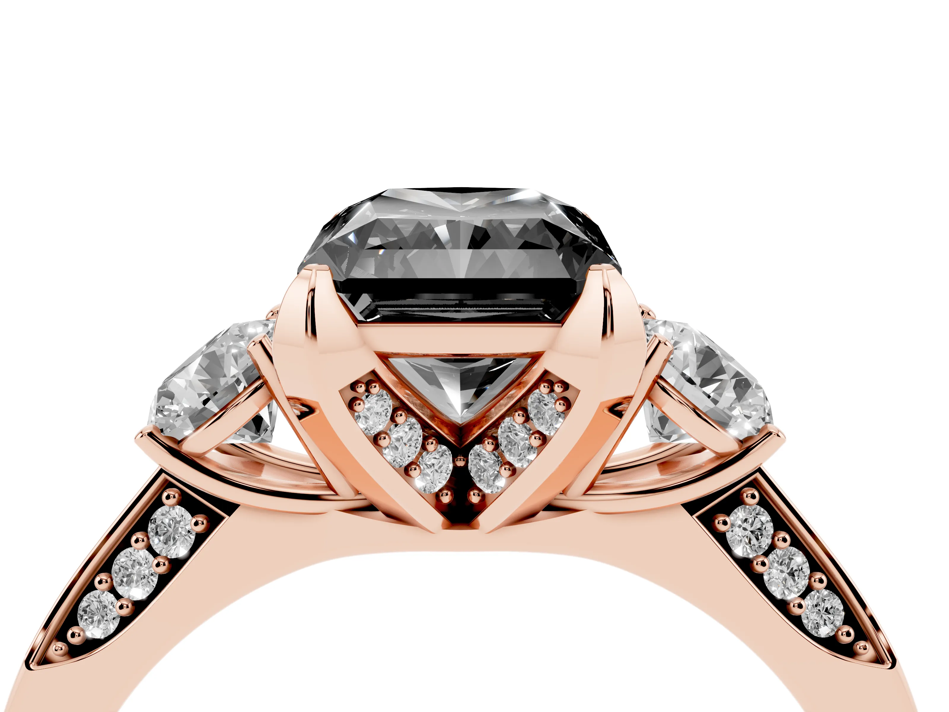 Fancy Black Radiant Cut Diamond Three-Stone Ring Set in Rose gold with Pavé Band and Smaller Side Stones