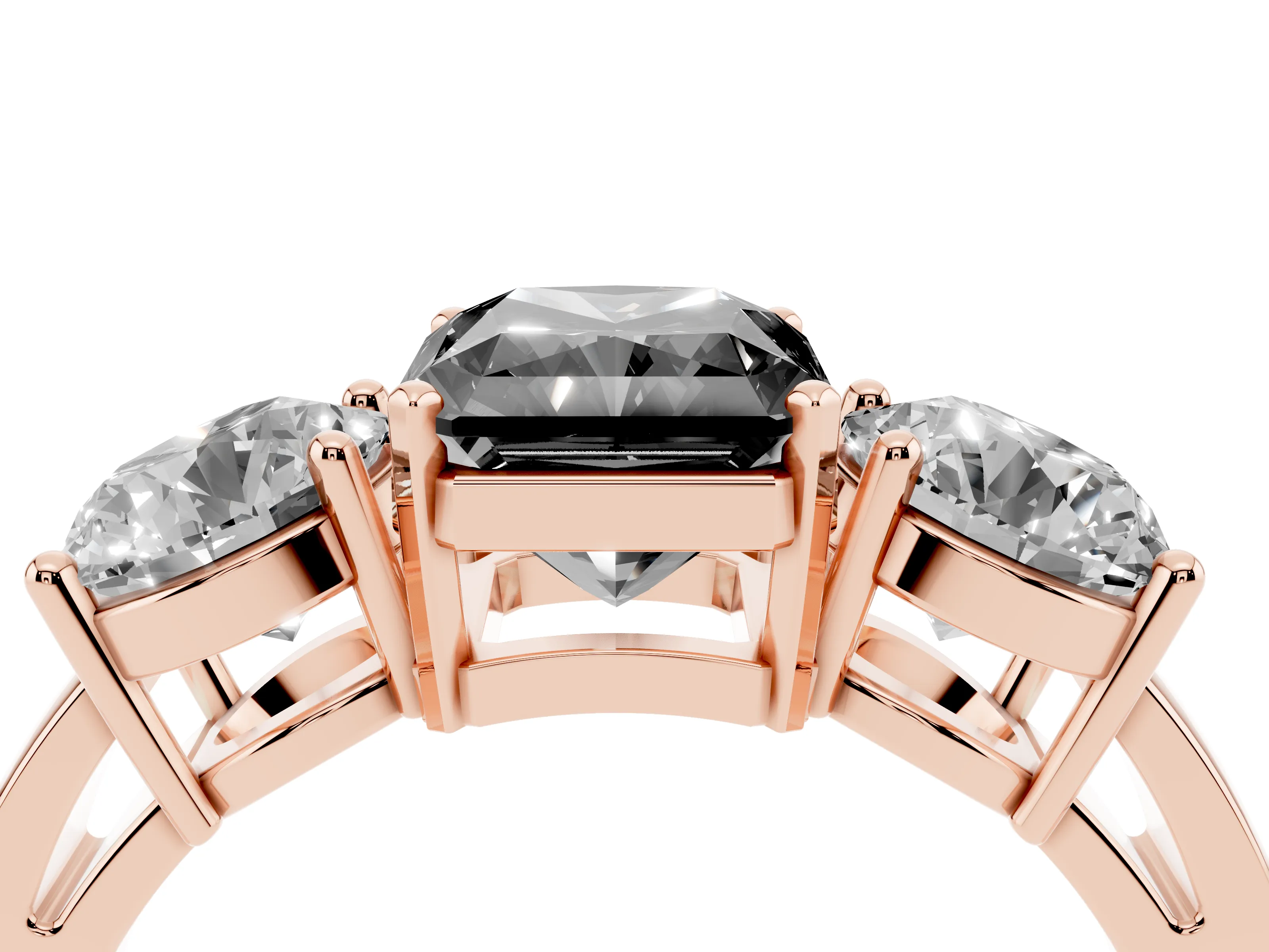 Fancy Black Radiant Cut Diamond Three-Stone Ring Set in Rose gold with Round Side Stones and Classic Band