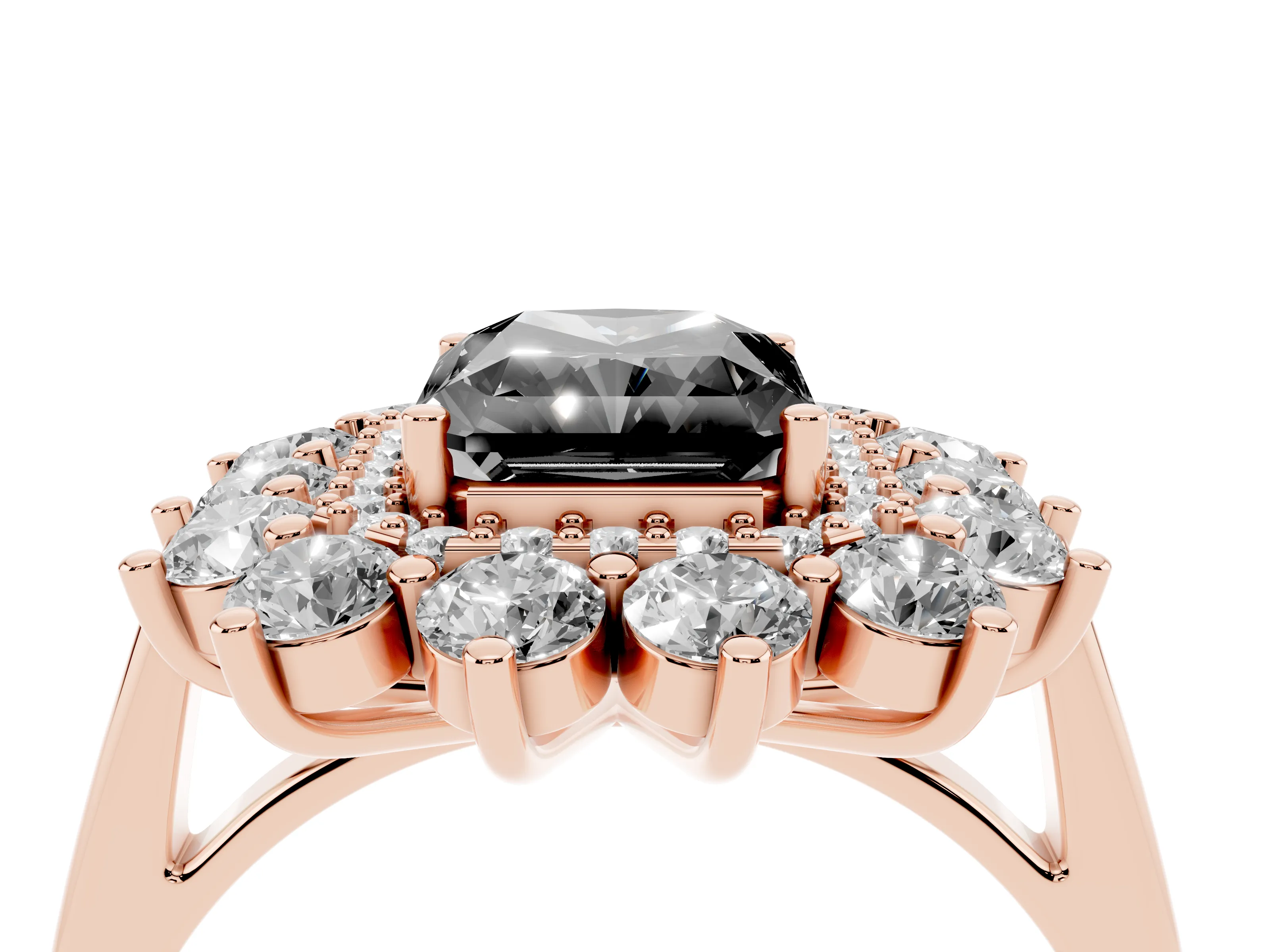Fancy Black Radiant Cut Diamond Floral Double Halo Ring Set in Rose gold with Round Petals