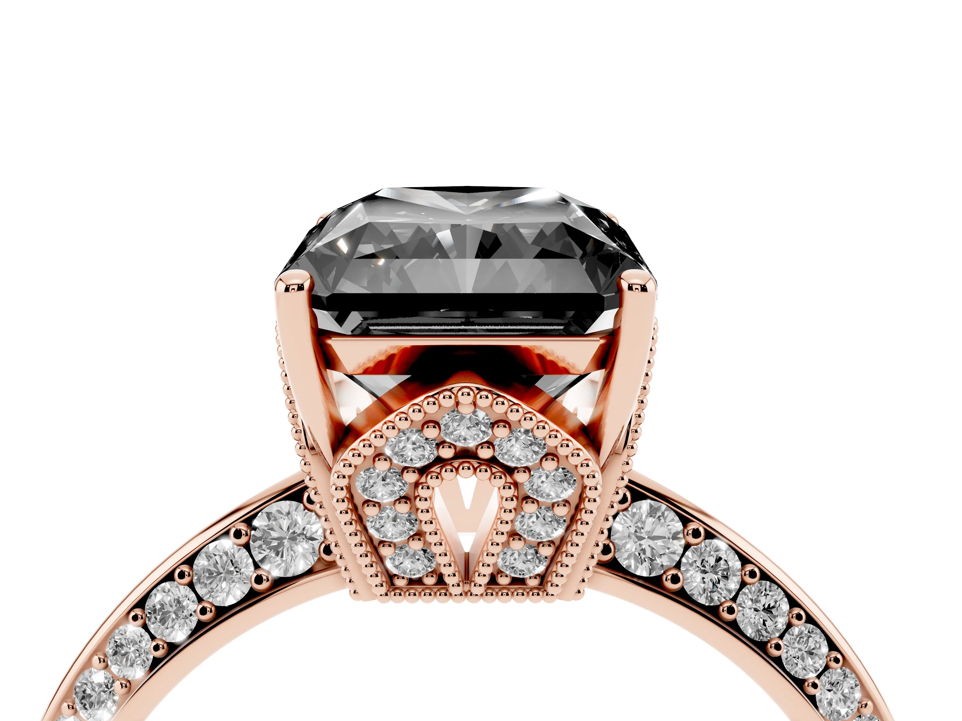 Fancy Black Radiant Cut Diamond Solitaire Engagement Ring Set in Rose gold with Pavé Split Shank and Prong Setting