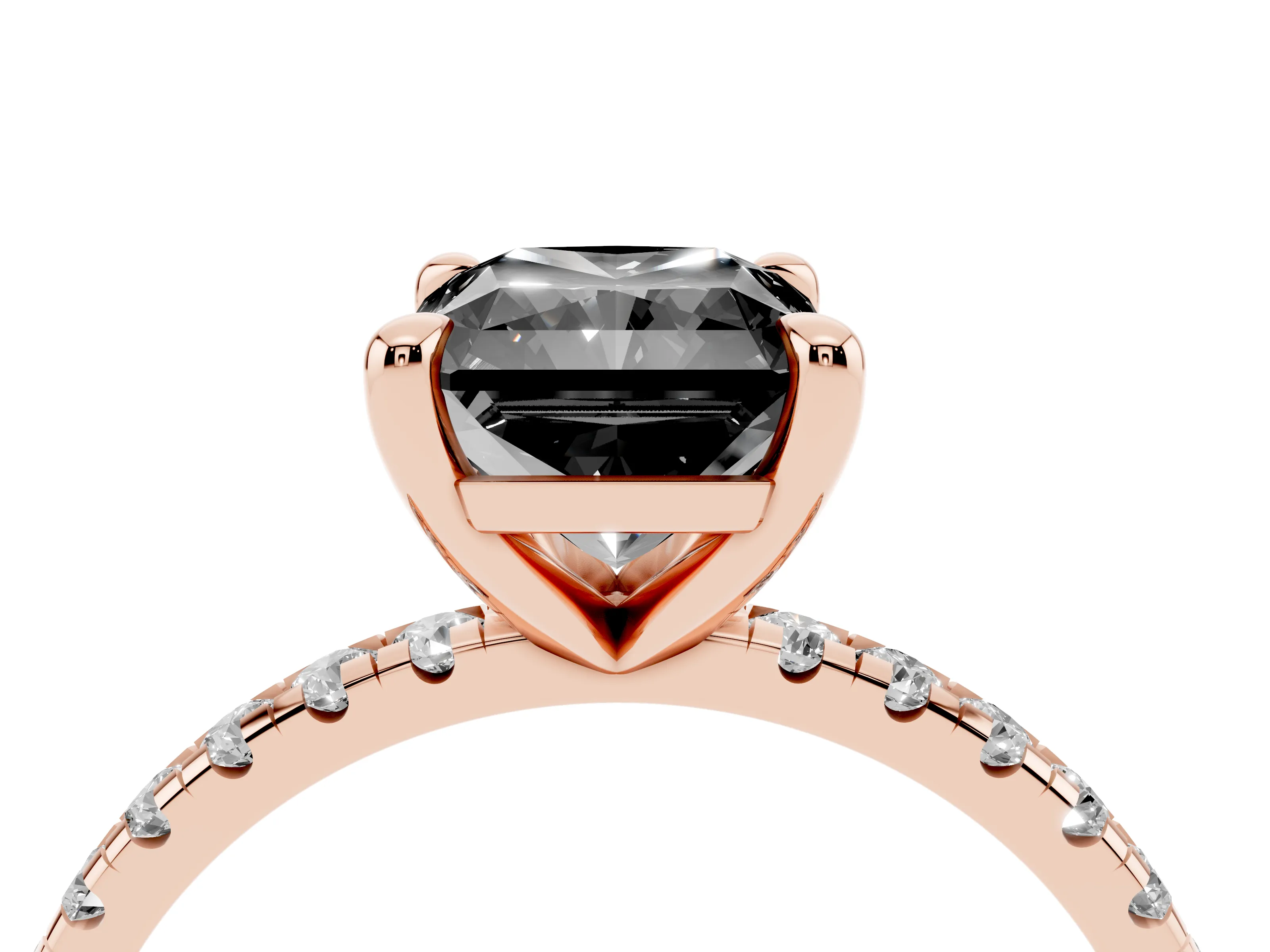 Fancy Black Radiant Cut Diamond Brilliant Solitaire Ring Set in Rose gold with Pavé Band and Prong Setting