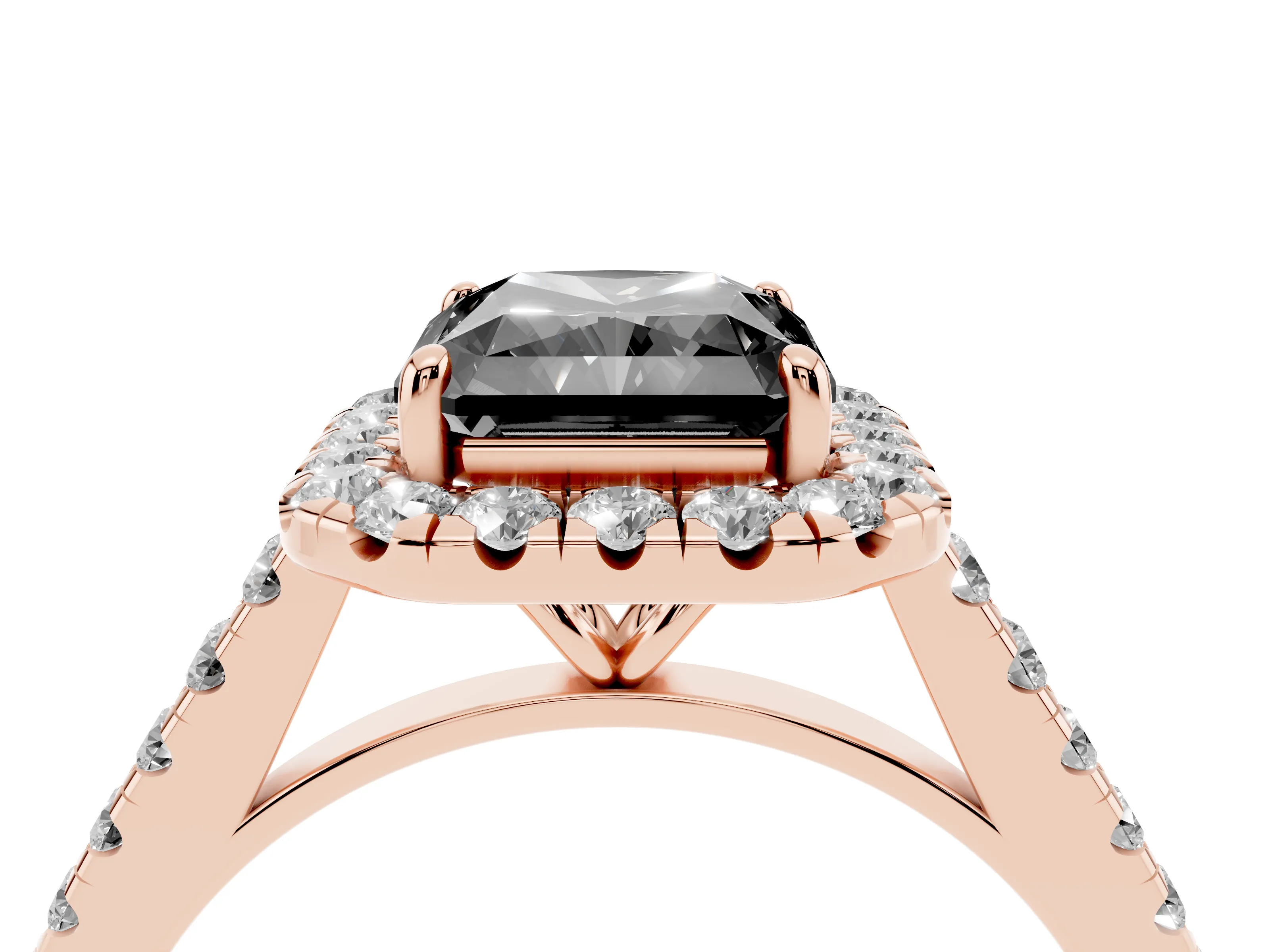 Fancy Black Radiant Cut Diamond Halo Pavé Engagement Ring Set in Rose gold with Prong Setting