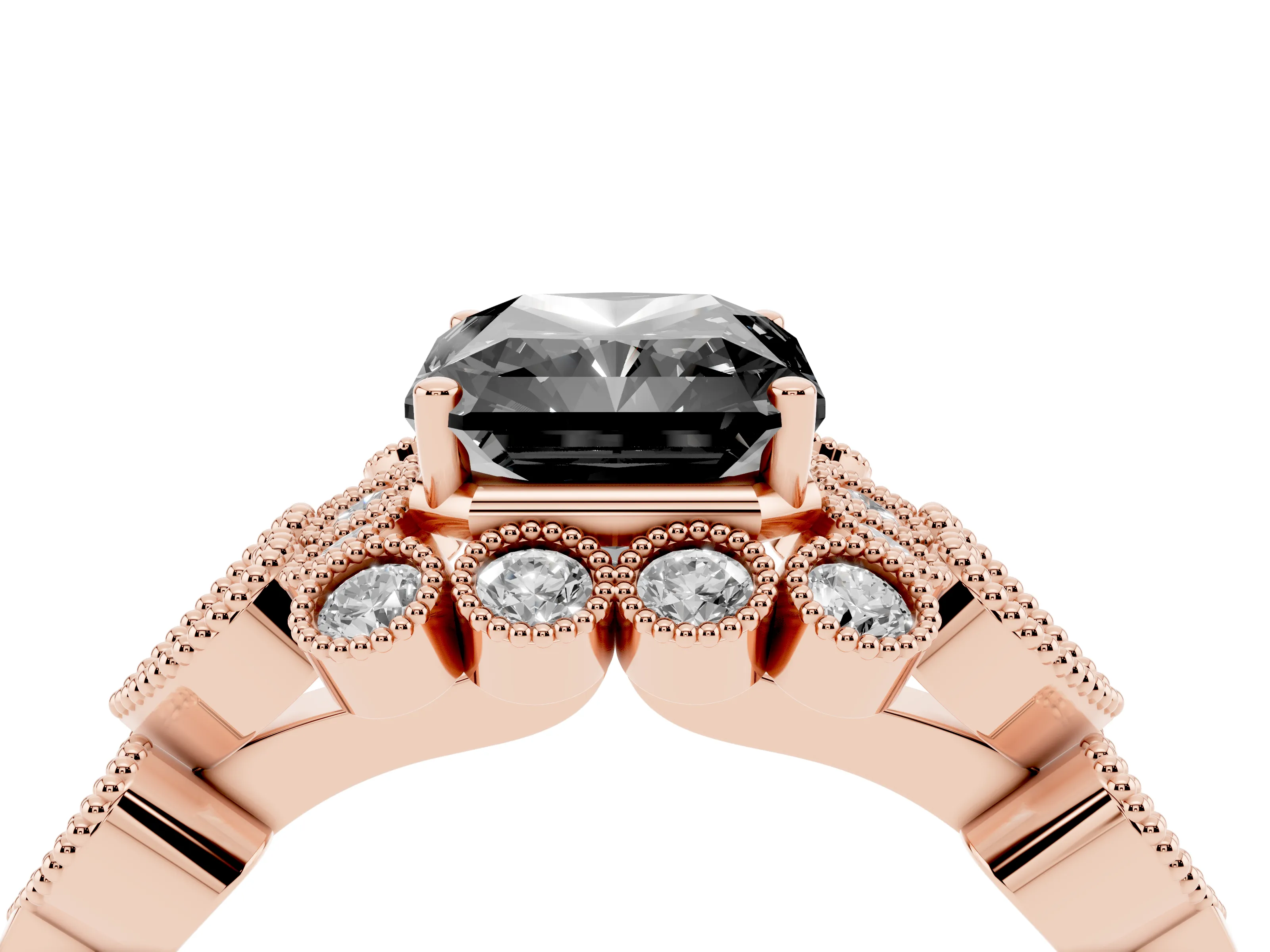 Fancy Black Radiant Cut Diamond Solitaire Ring Set in Rose gold with Milgrain Pavé Heart Band